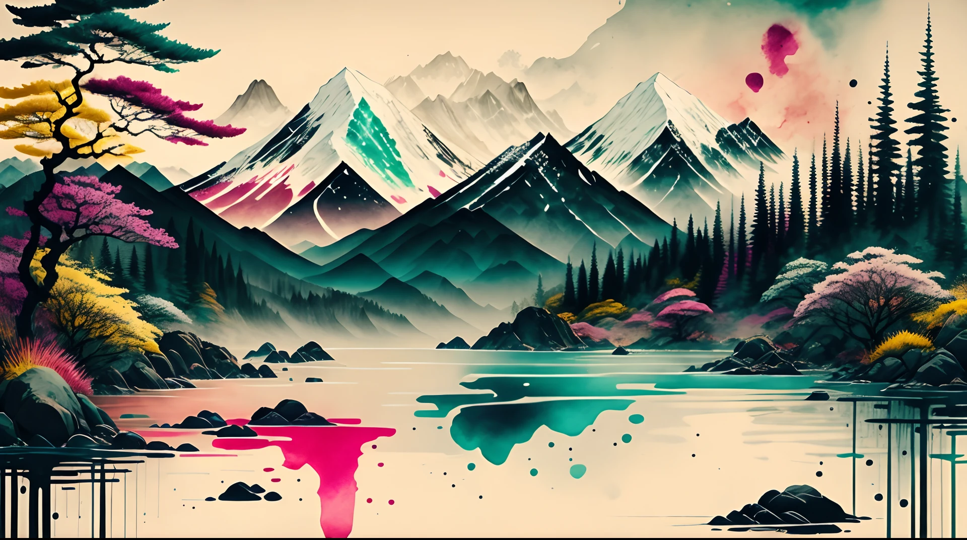 very colorful scenery, ink, mountains, water, trees