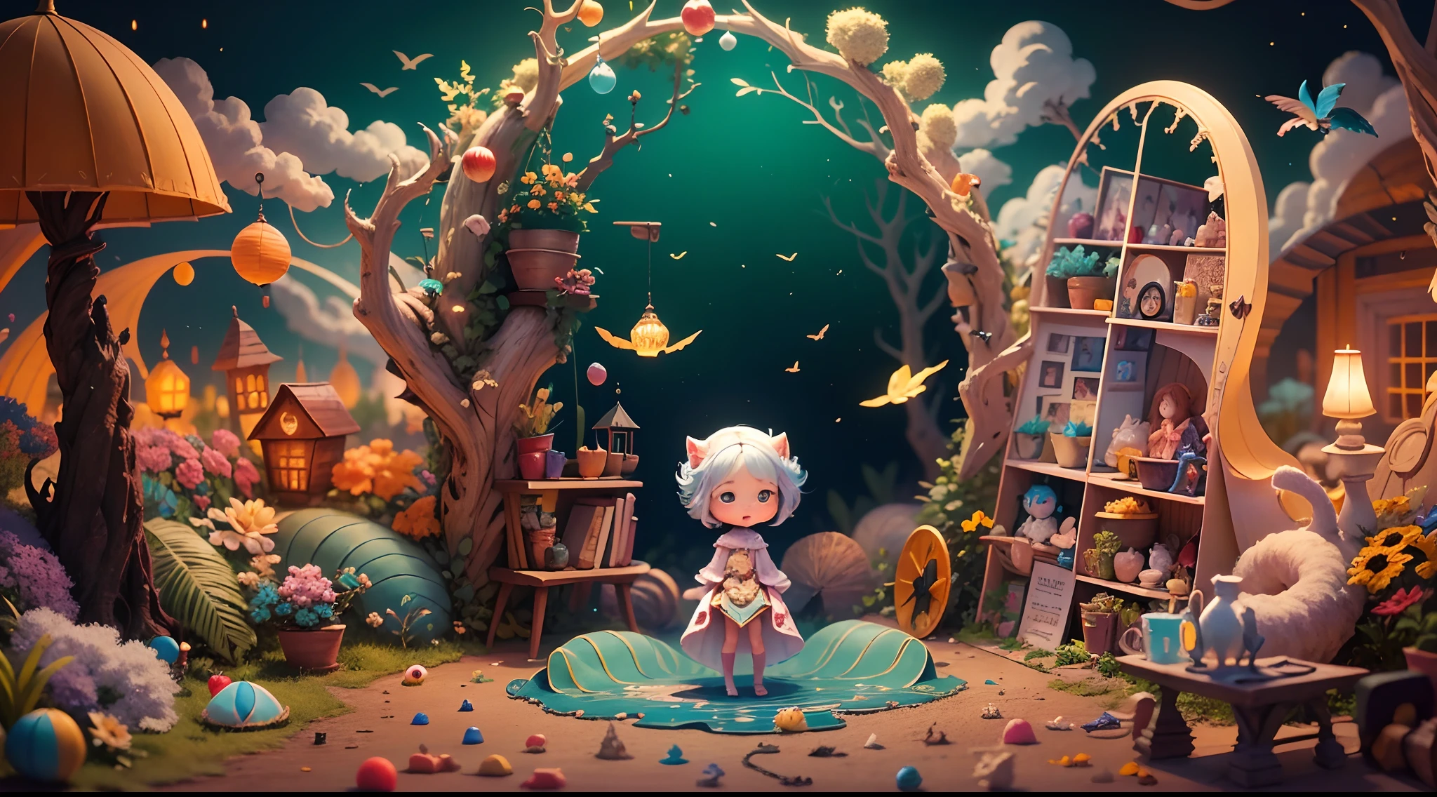 (Best quality,4K,A high resolution,Masterpiece:1.2),Ultra-detailed,Realistic,Wool felt stop motion animation,Dreamy Wonderland,Great storytelling,Charming characters,Happy and energetic,Soft and comfortable material,rich colourful，magical,Meticulous handmade details,Whimsical and imaginative scenes,Fantasy creatures and landscapes,Delightful stop motion animation,Magical and surreal,Craftsmanship and creativity in every frame,vivid and vibrant、Expressive characters,fantasticcolors,Surreal lighting effects,Vivid touch,Playful and charming,Curiosity and adventurous spirit around every corner,Warm and pleasant atmosphere,Storybook world,Ethereal and otherworldly atmosphere,A dream trip,Mesmerizing and captivating visuals,Depth and layers of storytelling,Mysterious and charming background music,Floating and fantastic action,Nostalgic and welcoming,Childhood wonders and joys,Innocent, and whimsical,Unconventional and unique artistry,Turn imagination into reality,Take the audience to magic.