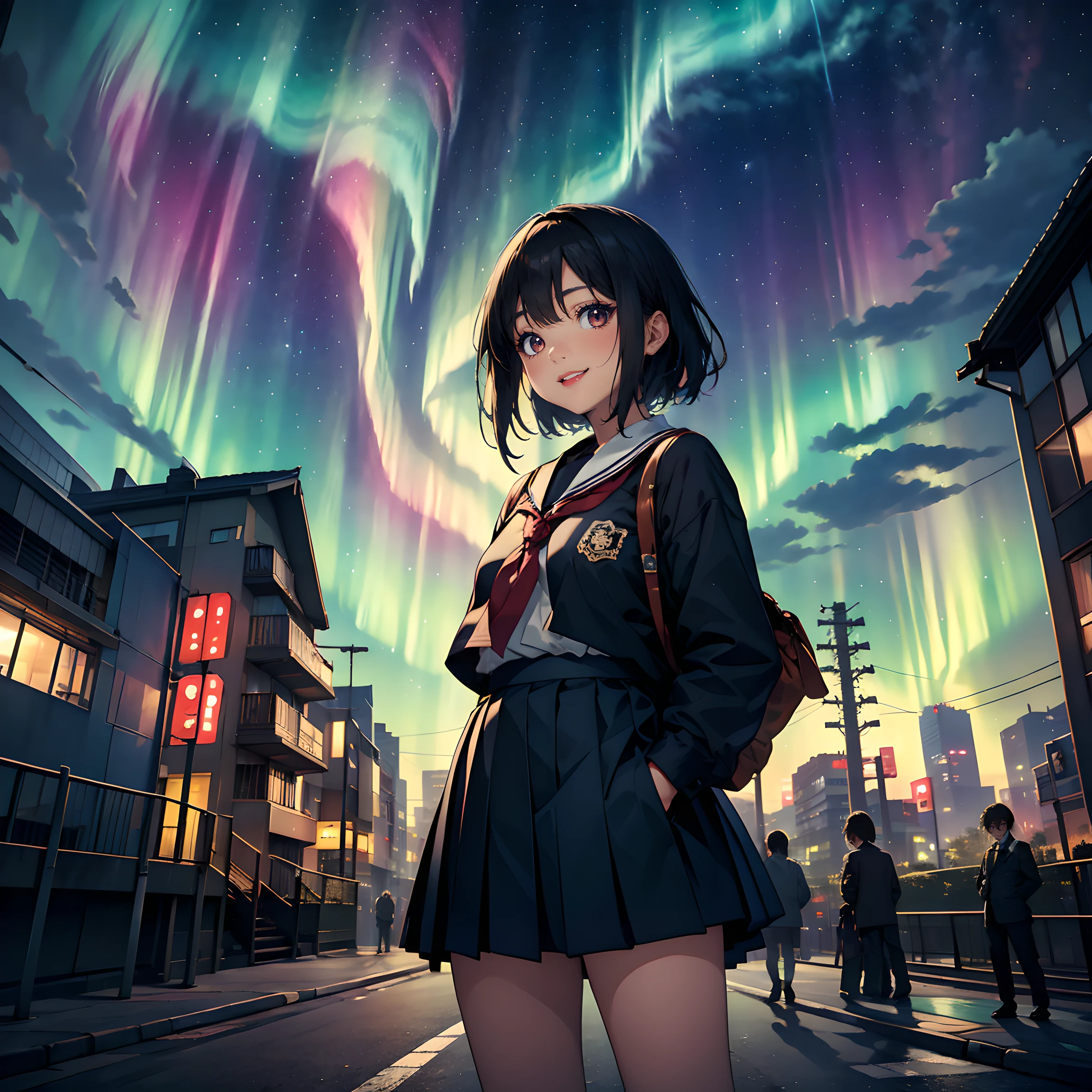 Composition: "Compose an image set in the heart of Tokyo city, where the vibrant and colorful Aurora Borealis lights up the urban skyline. The composition should capture the fusion of city lights and the ethereal beauty of the Aurora."

Person: "In the foreground, feature a young Japanese high school girl who is also a K-POP idol. She stands in awe, gazing up at the mesmerizing Aurora with a sense of wonder and admiration. She has short hair, no glasses, and is dressed in the iconic Japanese sailor school uniform."

Background: "Set the scene in Tokyo city center, with its skyscrapers and bustling streets providing a modern backdrop to the celestial phenomenon above. The night sky is filled with the vivid hues of the Aurora Borealis, creating a unique and enchanting atmosphere that blends the urban and natural worlds."