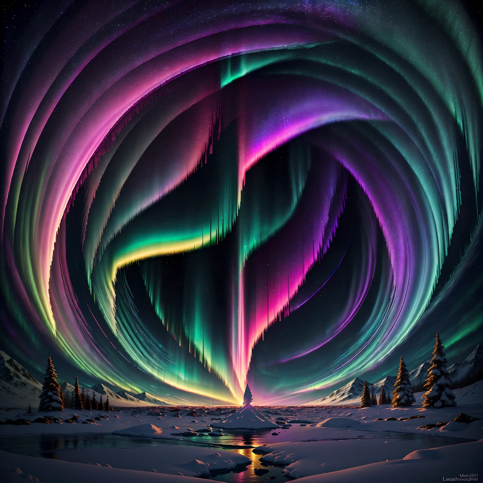"Psychedelic, abstract visualization of the Northern Lights under the calming influence of Spectrolite speakers, with luminescent, ethereal colors dancing harmoniously in the Arctic night sky."