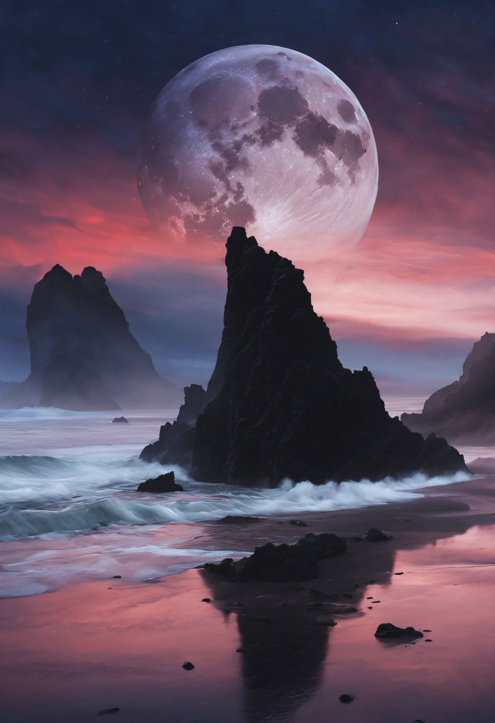 A mystical landscape of Iceland's famous black sand beaches, with swirling fog and a glowing full moon, brought to life in a hyper-realistic digital painting.