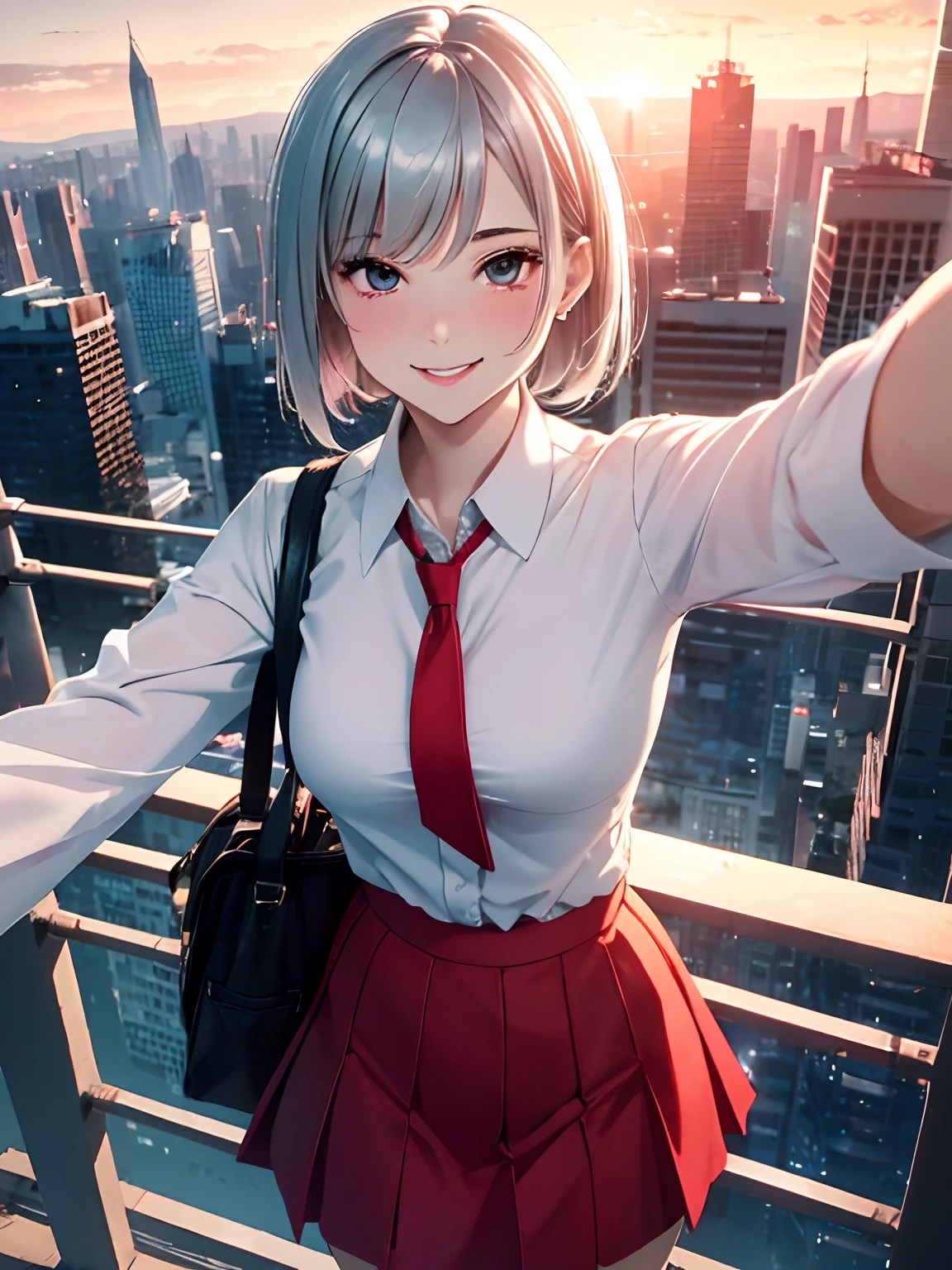 (ultra-realistic, highres, best quality, 4k, professional, cowboy shot), an illustration in Full HD that showcases a 21-year-old girl's cool style, beauty eyes, sharp eyes. Her Asymmetric Pixie hairstyle, silver hair, short hair, and left-facing bangs with red highlights make her stand out. Smile, She's dressed fashioned white collar shirt, (red Short skirt), red tie, (fisheye, selfie), sunset, cityscape, (aesthetics and atmosphere:1.2),smiling, exuding confidence and individuality.