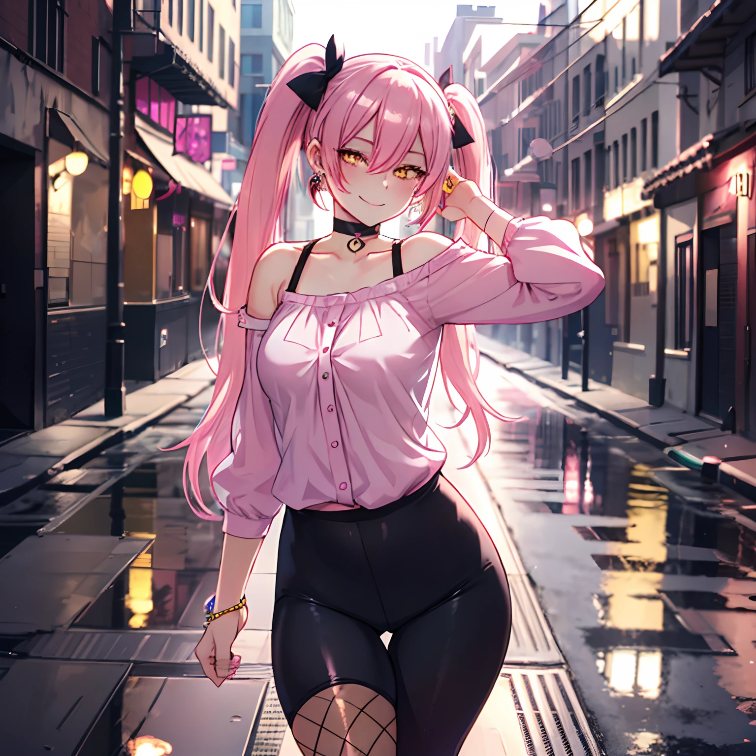 1 girl, yellow eyes, twintails, long hair, pink hair, medium breasts, medium ass, smile, Happy, Hairpins, Choker, smile, happy face, park, day, Earrings, Leggings, fishnet blouse, black top, foot, Blurred background, ultra detailed, 8K wallpaper, reflection light, ray tracing, realistic
