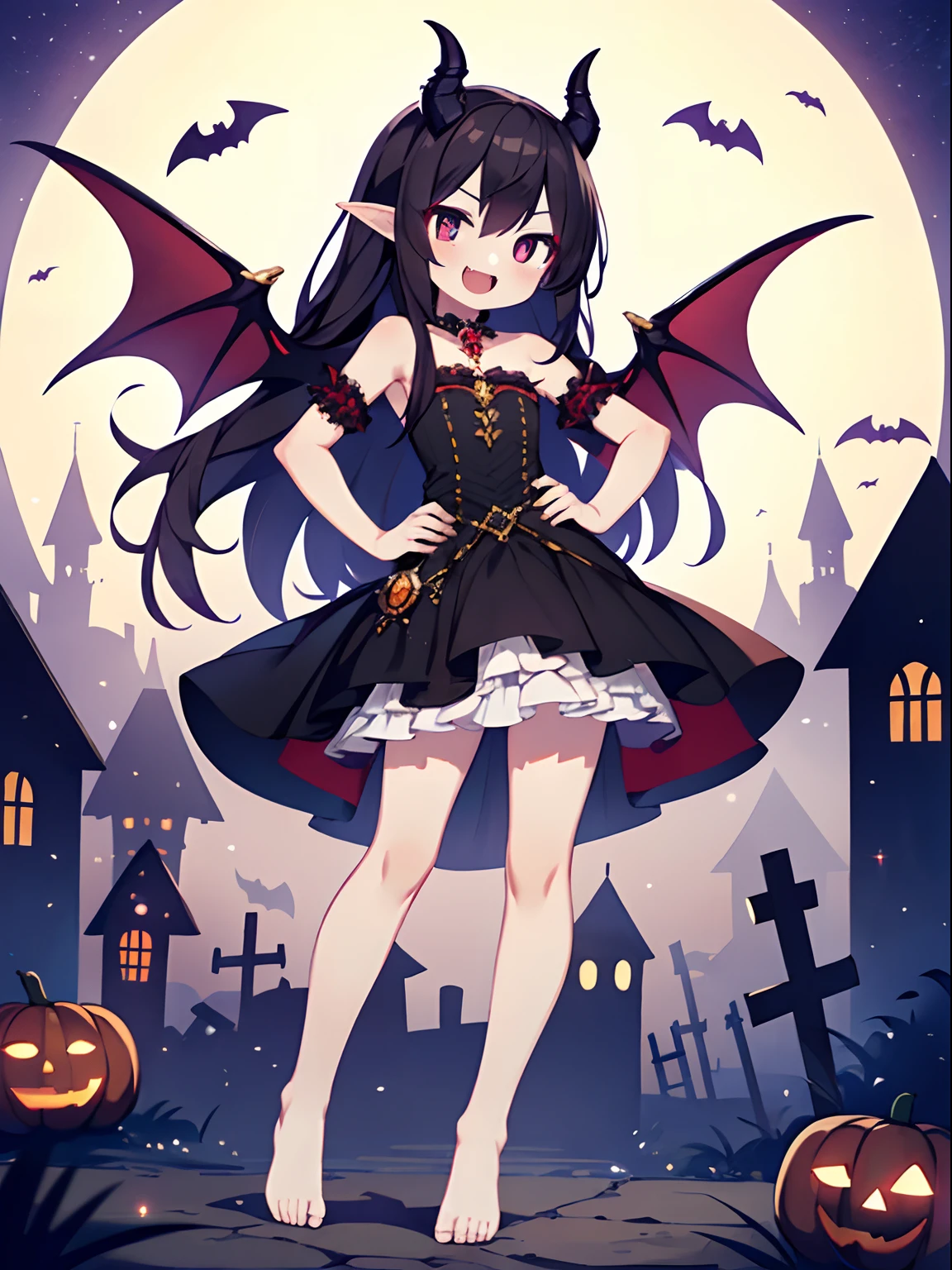 Highly detailed and realistic CG, Colorful, Masterpiece, Best Quality, jewel-like eyes, 1girl, solo, colorful hair, long hair, strapless, dream world, ite, lol childd on hip, standing, bare foot, skinny legs, black vampire dress, bat wings, vampire horns, dynamic pose, smirk, amber eyes, shiny eyes, mystic space, legbelt, vampire cloack, frilled mini skirt, open mouth, fangs, Halloween, vampire castle,