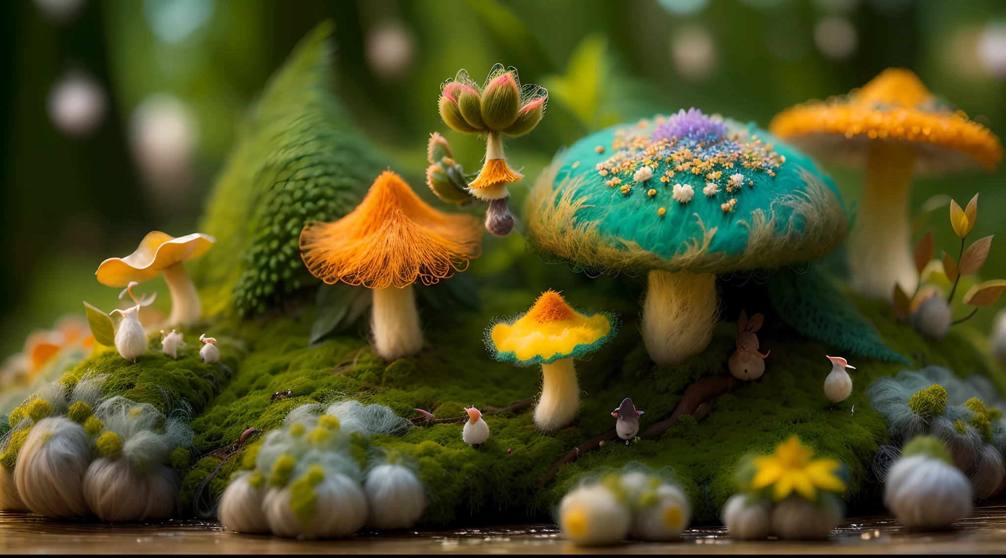 (best quality,4k,8k,highres,masterpiece:1.2),ultra-detailed,(realistic,photorealistic,photo-realistic:1.37),felted magic forest,natural colors,enchanting lighting,handcrafted woolen art,whimsical scenery,fantasy creatures,delicate fibers,felted trees,fairytale ambiance,mystical atmosphere,fluffy clouds,soft sunlight,playful animals,woodland spirits,glimmering stream,surreal beauty,silky textures,ethereal world,dreamlike setting,peaceful serenity,wool artistry,nurturing environment,softly glowing mushrooms,colorful foliage,gentle rustling leaves,hidden treasures,evoking wonder and awe,tranquil vibes,endless possibilities,magical journey,unleashing creativity,soul-soothing comfort,awe-inspiring handmade masterpiece,dazzling craftsmanship.