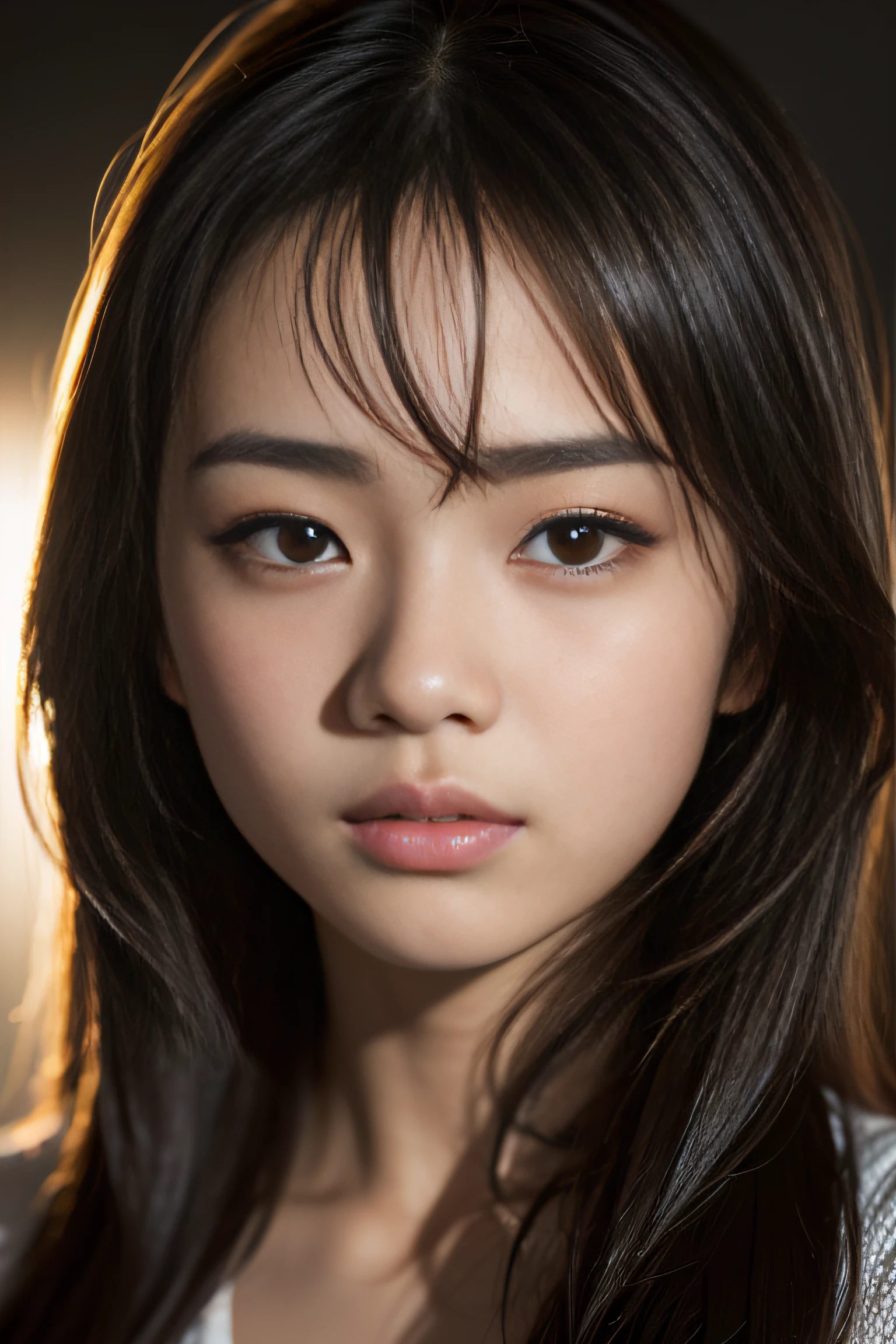 (masterpiece, highest quality:1.2), RAW photo, (realistic, photorealistic:1.2), (8K, High resolution, Super detailed:1.3), 1 girl, perfect anatomy, (focus on face, looking at the viewer), (20-year-old Korean beauty, K-POP idol), (realistic detailed eyebrows, realistic beautiful brown eyes, realistic glossy skin, realistic detailed beautiful handsome face:1.2), (thin, big breasts), (realistic cinematic lighting, detailed shadowing:1.2),Wet shiny skin,Backlight、light illuminates you、happy expression、