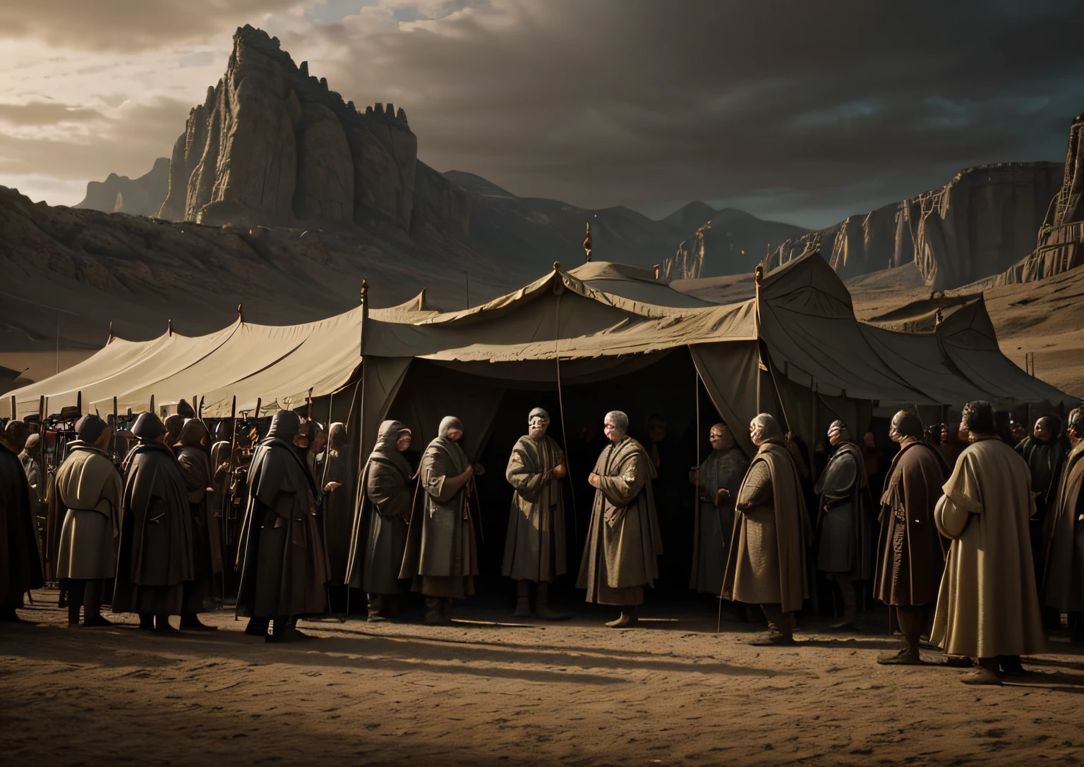 a group of people standing around a tent, a detailed matte painting, reddit, renaissance, busy market, screenshot from a movie, beige and dark atmosphere, game of thrones style, 8k detail, biblical epic movie, some stalls, leaving for battle, 8k detail post-processing, brown robes, barracks, still image from tv series, scene from live action movie