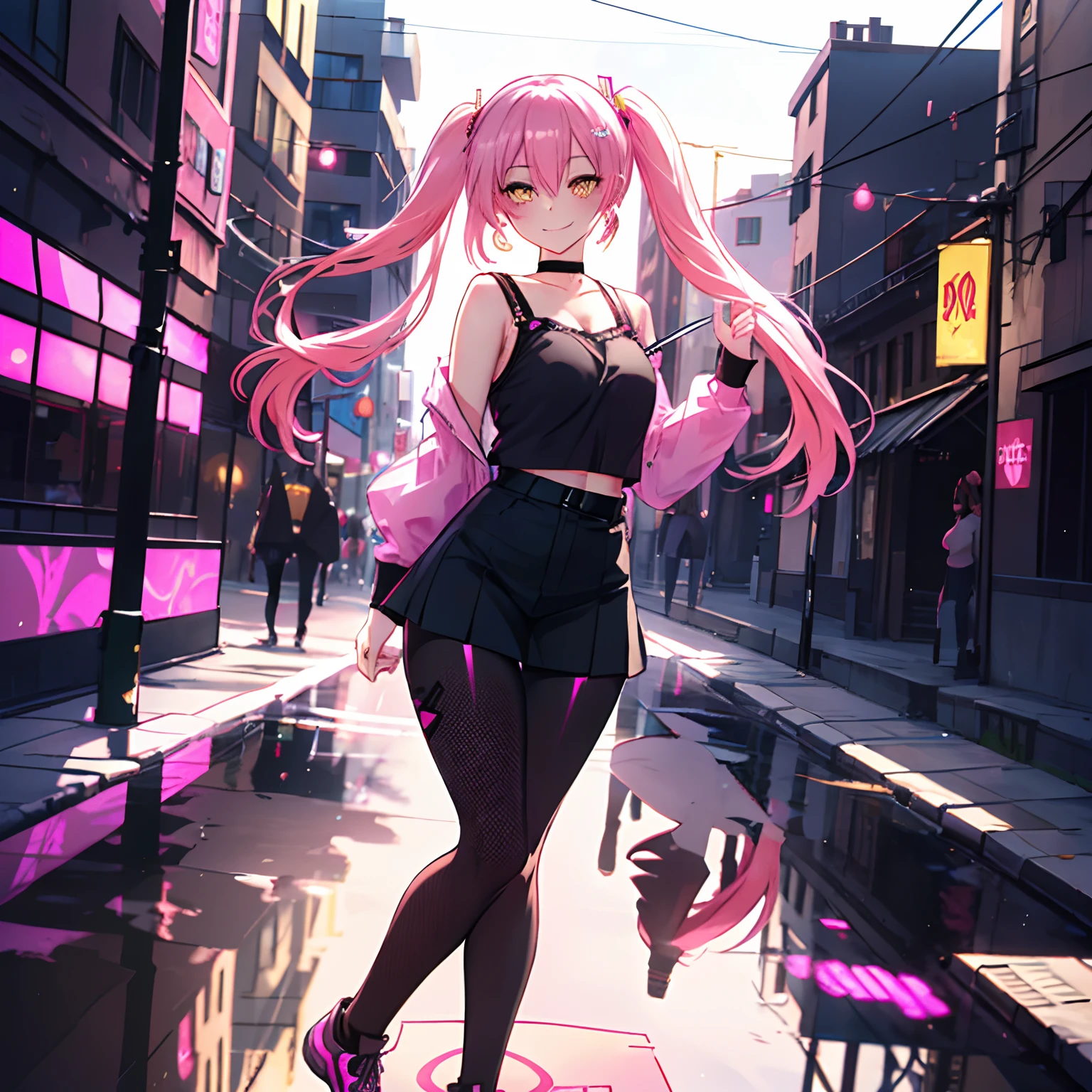 1 girl, yellow eyes, twintails, long hair, pink hair, medium breasts, medium ass, smile, Happy, Hairpins, Choker, smile, happy face, park, day, Earrings, Leggings, fishnet blouse, black top, foot, Blurred background, ultra detailed, 8K wallpaper, reflection light, ray tracing, realistic