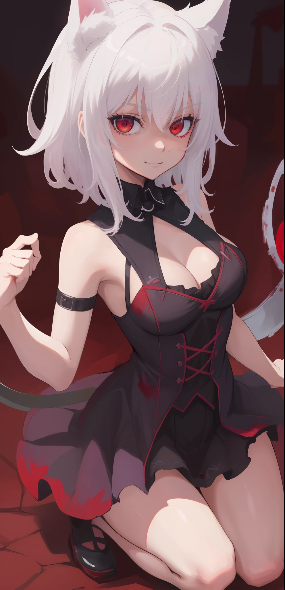 Best Quality, (Masterpiece:1.2), High Detailed, Cat Ears, 1girl, solo, tojo koneko, looking at the viewer, closed mouth, light smile, ultra-detailed eyes, red eyes, white hair, short hair, hair decoration, cleavage, (elegant clothes), erotica, sleeveless, (close-up), bare legs, (((bloody, blood, evil, cruel, an extremely evil girl)))