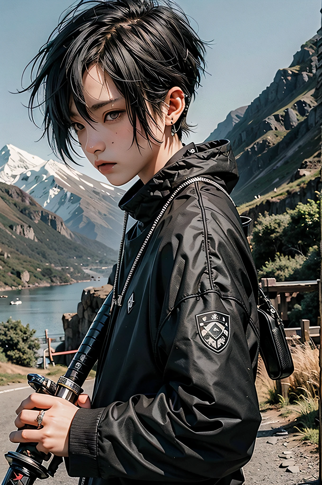 1boy, kirito SAO, katana in hand , short hair, mountains , windy