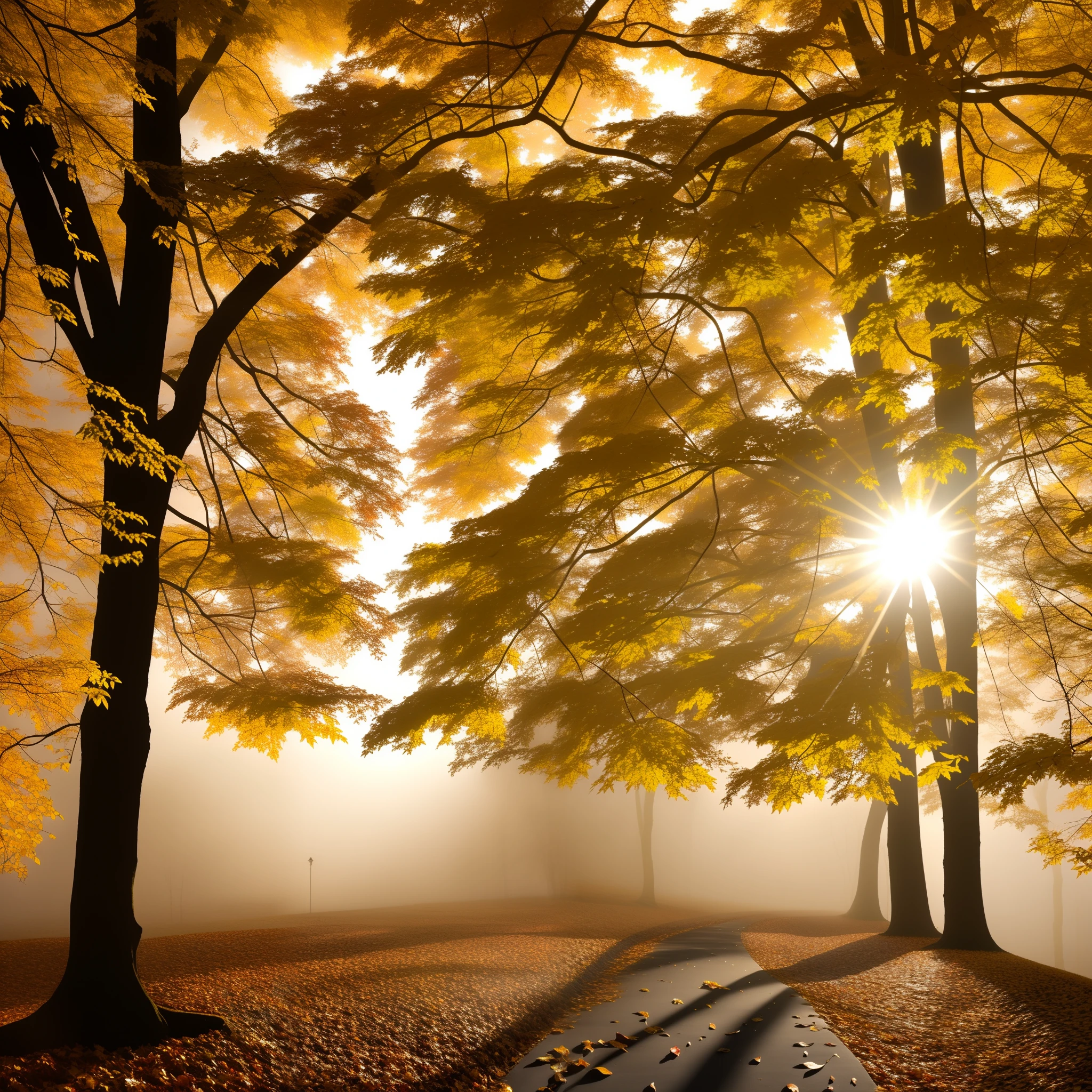 Sun, autumn, leaves, fog