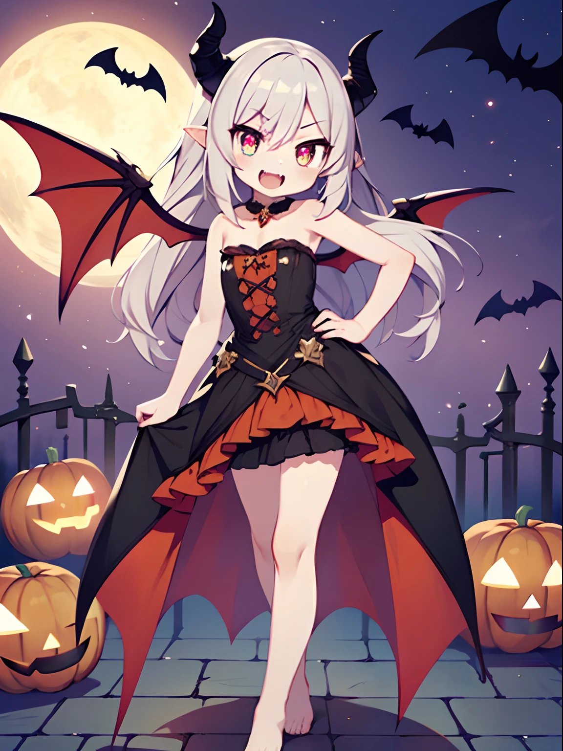 Highly detailed and realistic CG, Colorful, Masterpiece, Best Quality, jewel-like eyes, 1girl, solo, colorful hair, long hair, strapless, dream world, ite, lol childating, flying, bare foot, skinny legs, black vampire dress, bat wings, vampire horns, dynamic pose, smirk, amber eyes, shiny eyes, mystic space, legbelt, vampire cloack, frilled mini skirt, open mouth, fangs, Halloween, vampire castle, supernatural fiery ball, cemetery,