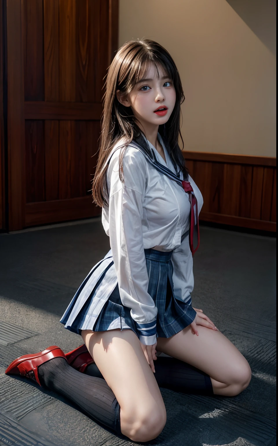 masterpiece, hi-school girl、Blue Eye、Bright brunette、(School Uniforms:1.5)、(M-shaped legs:1.5)、Colossal breasts are coming out、Huge lewd ass、Navy Socks、Wear upper shoes、(Bright school classroom:1.5)the viewer, Realistis, full body Esbian, radical, Haute, (Spread the pubic area with your fingers:1.5)RAWExtremely detailed, Ahegao, rolling her eyes, red blush, water running in mouth, Sticky tongue, Very gigantic-breasts, sexual excitement, Sex Expressions, shinny skin。