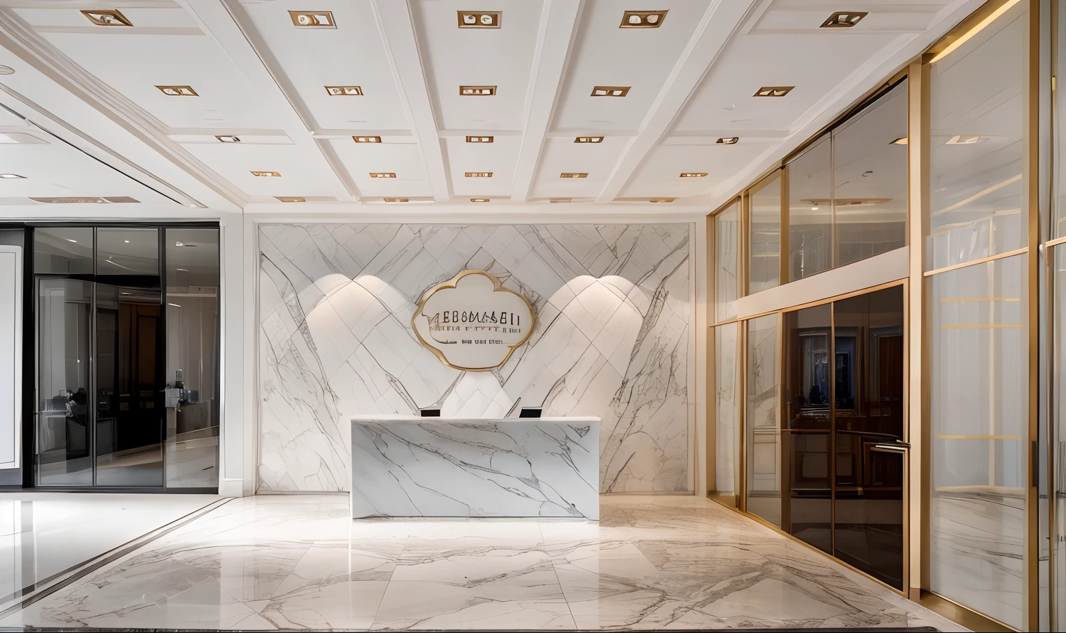 RAW photo, subject, 4k uhd, dslr, soft lighting, high quality, film grain, Fujifilm XT3
interior, neoclassic, desk reception office, chandeliers, led light, marble tile floor, wallpaper