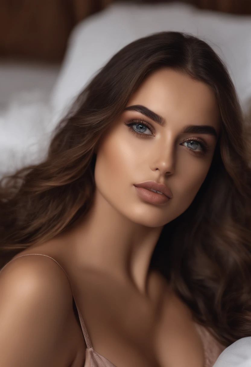 Arafed woman completely , fille sexy aux yeux bruns gros seins, ultra realist, Meticulously detailed, Portrait Sophie Mudd, cheveux bruns et grands yeux, selfie of a young woman, Dubai Eyes, Violet Myers, sans maquillage, maquillage naturel, looking straight at camera, Visage avec Artgram, Maquillage subtil, Great photo of the whole body kneeling on the bed, dans la chambre, Medium to large bust
