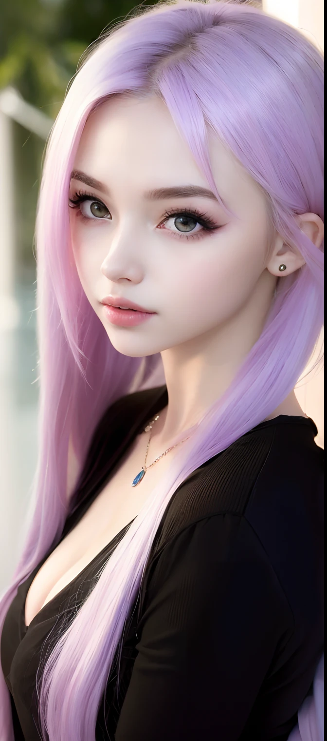 (masterpiece:1.2, photo-realistic, 8k, 12k, Ultra-Detailed), a close up of a young girl with long purple hair and a flower in her hair, -yeld, ilkuvshinov with long hair, anime girl in real life, (big breasts, hard nipple, perfect and proportional breasts), violet long hair, beautiful anime style, ulzzang, white hime cut hairstyle, anime style mixed with fujifilm, belle delphine, purple flowing hair, her face looks like an orchid, pretty anime girl