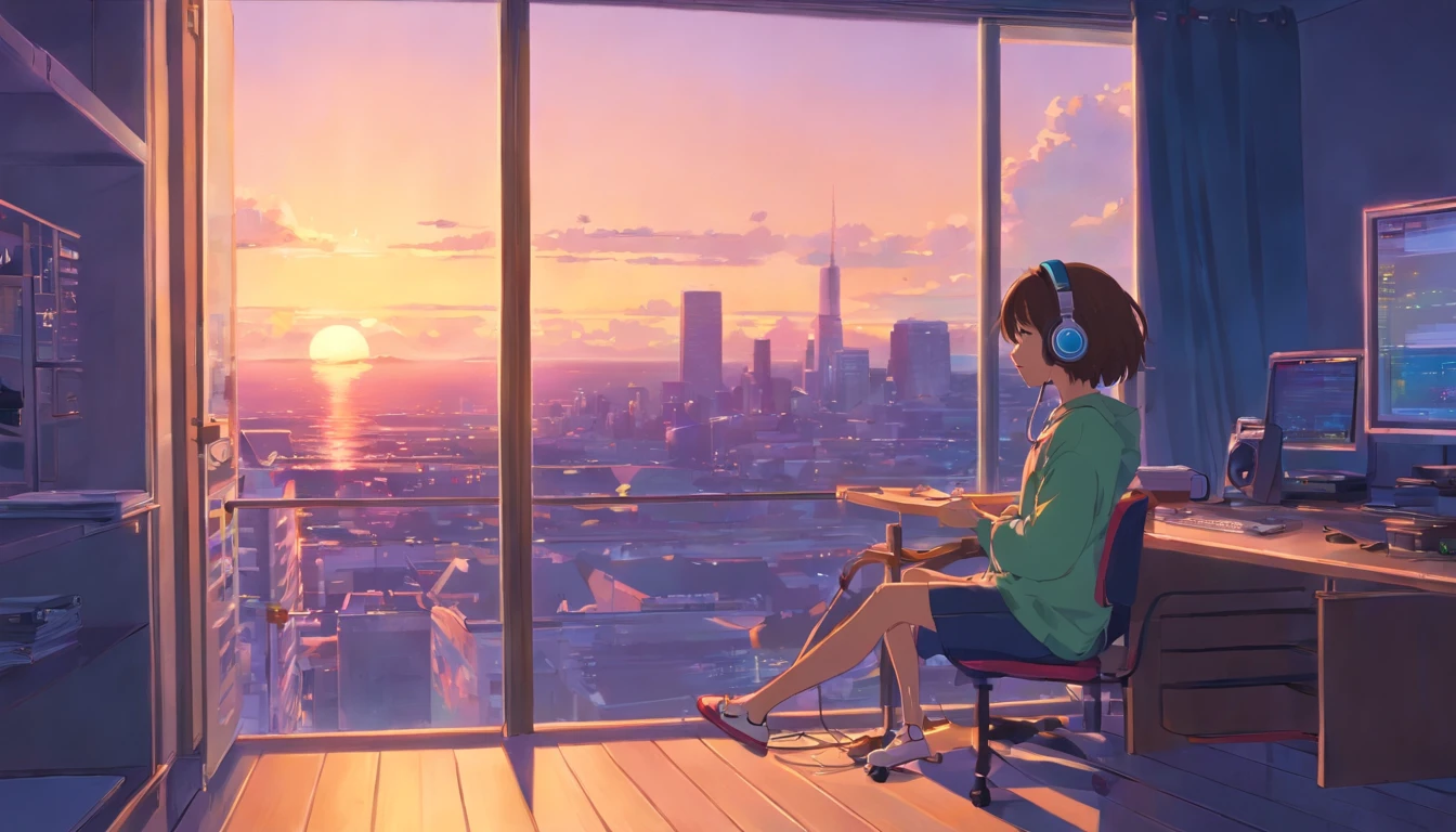 portlate、512、Lo-Fi(Lo-Fi)、Girl sitting on a chair with headphones on、Take a nap at your desk、eyes closed、City view outside the window、Early evening、Pastel colors、Painting