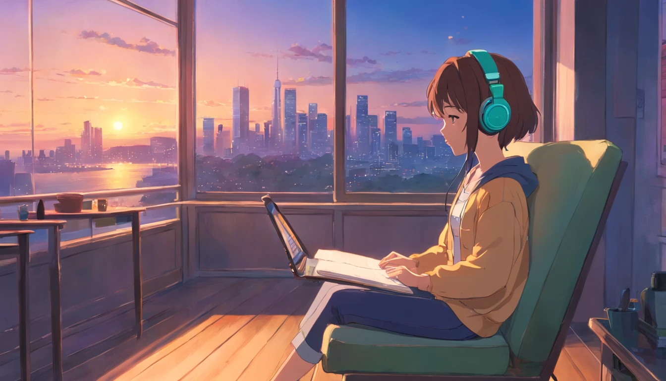 portlate、512、Lo-Fi(Lo-Fi)、Girl sitting on a chair with headphones on、Take a nap at your desk、eyes closed、City view outside the window、Early evening、Pastel colors、Painting
