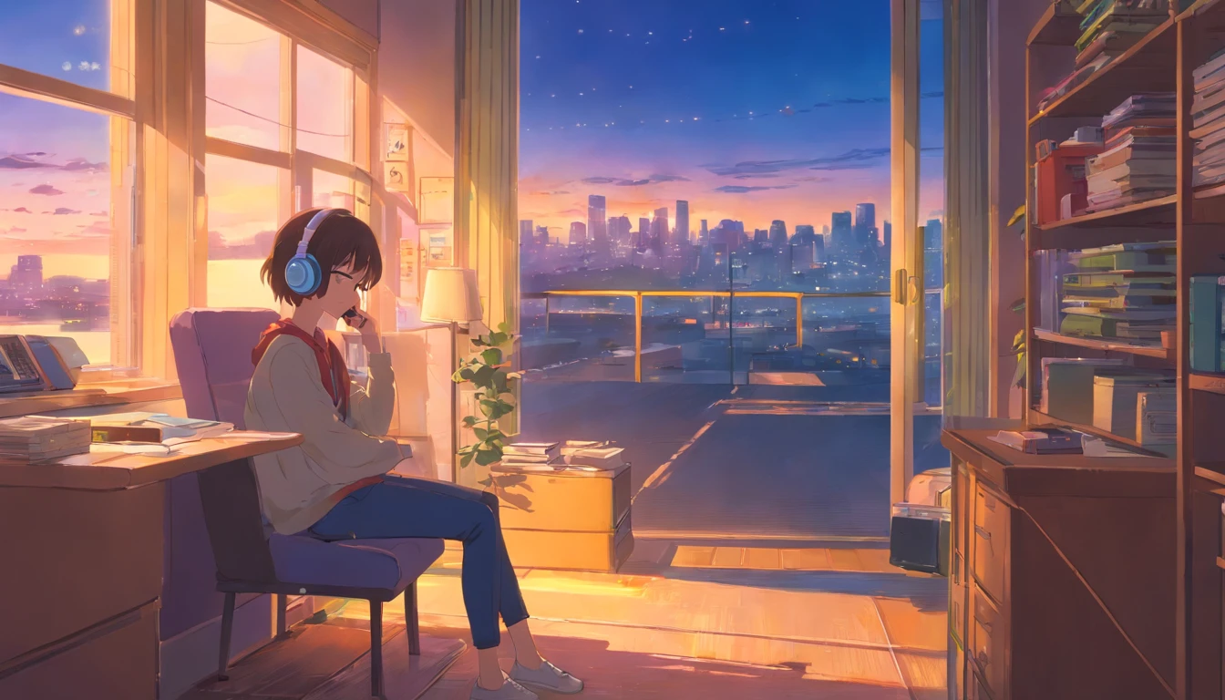 portlate、512、Lo-Fi(Lo-Fi)、Girl sitting on a chair with headphones on、Take a nap at your desk、eyes closed、City view outside the window、Early evening、Pastel colors、Painting
