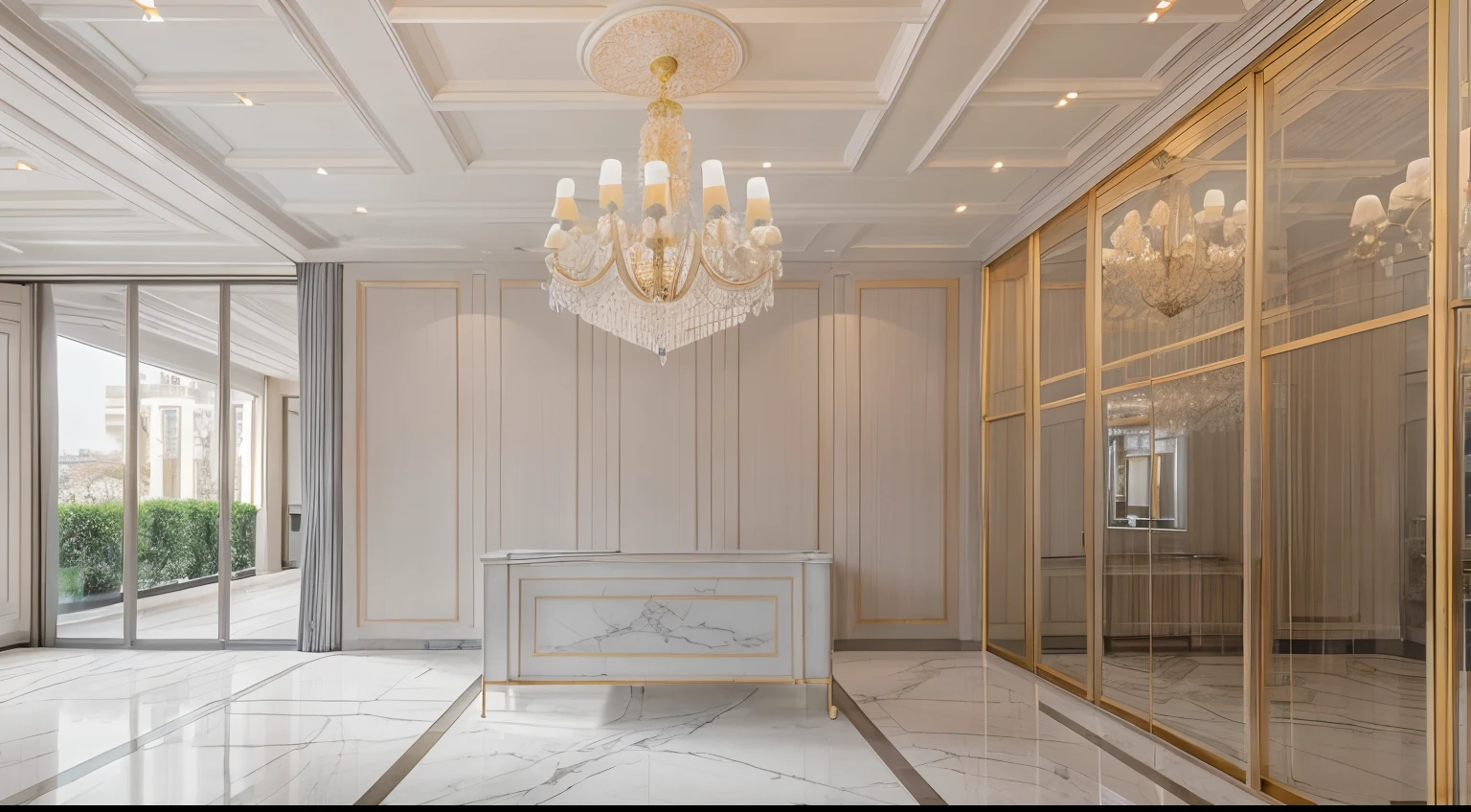 RAW photo, subject, 4k uhd, dslr, soft lighting, high quality, film grain, Fujifilm XT3
interior, neoclassic, desk reception office, (chandeliers:1.2), led light, marble tile floor, wallpaper, (grey aluminium curtain wall mullion:1.1), interior plant