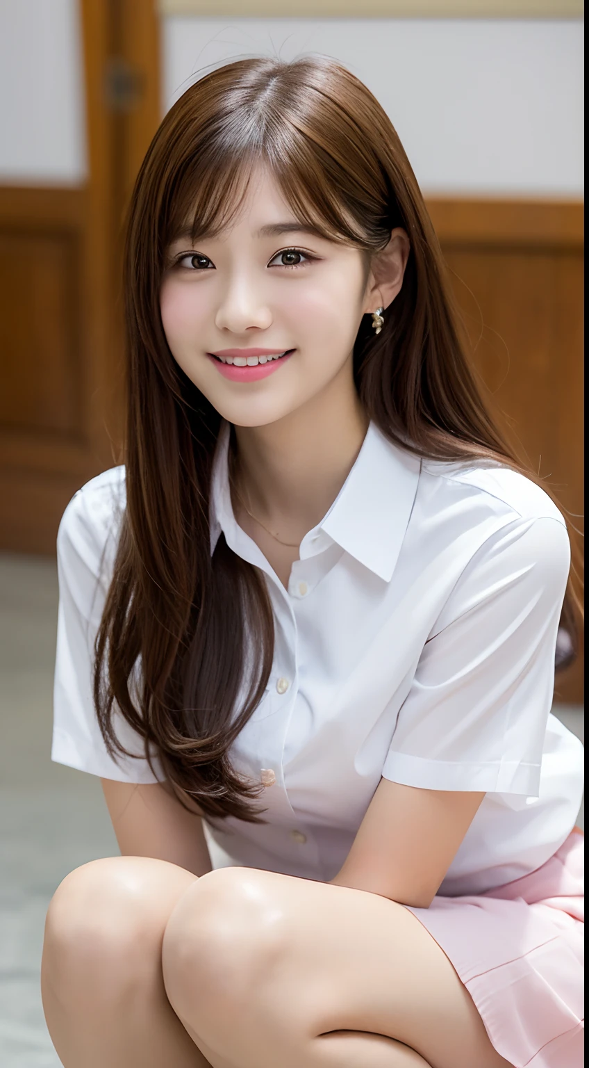 blouse,Denim skirt,,High school girls,Black Hair,bangs,Straight hair,アップponytail,Dark Eyes,Small face,Young Face,Clean your eyes,Small Mouth,Showing teeth,thin,Young Face,,Flat Chest,Flat Chest,Flat Chest,Flat Chest,movie theatre,Realistic photos,8K,smile,White teeth,Ultra HD,Standing posture,whole body,smile,Pure girl,ponytail
