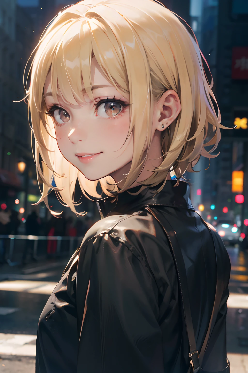 a 20 yo woman、a blond、a smile、turned around、(hi-top fade:1.3)、dark themed、Muted Tones、Subdued Color、highly contrast、(natural skin textures、Hyper-Realism、Soft light、sharp)