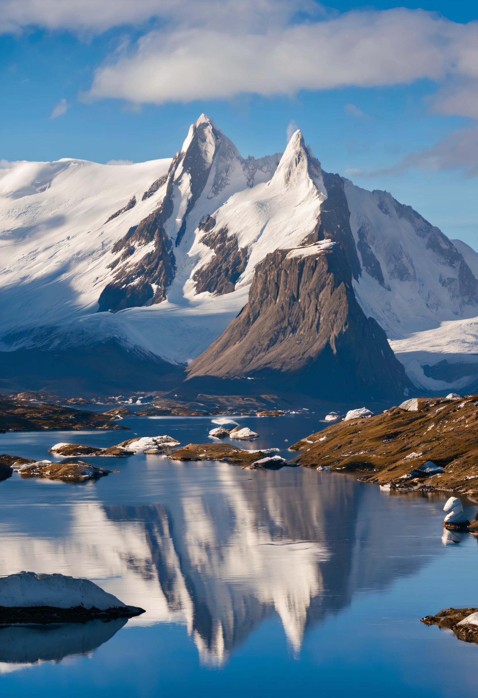 A breathtaking landscape of Greenland, with towering mountains covered in snow and ice, reflecting in the crystal clear waters of a fjord.