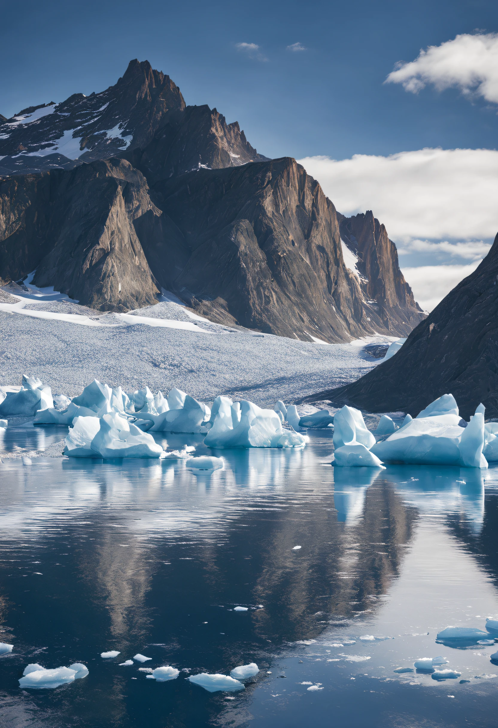 A breathtaking landscape of Greenland, with towering mountains covered in snow and ice, reflecting in the crystal clear waters of a fjord.