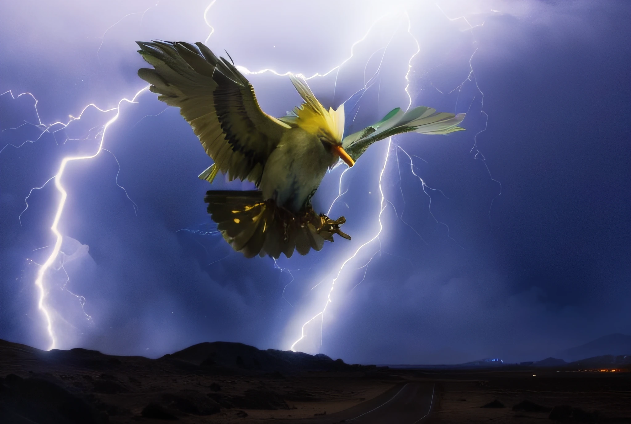 photograph of an electric all yellow feathered legendary bird, bird feet, spikey head, spikey tail, spikey wings, national geographic, Sony 7A