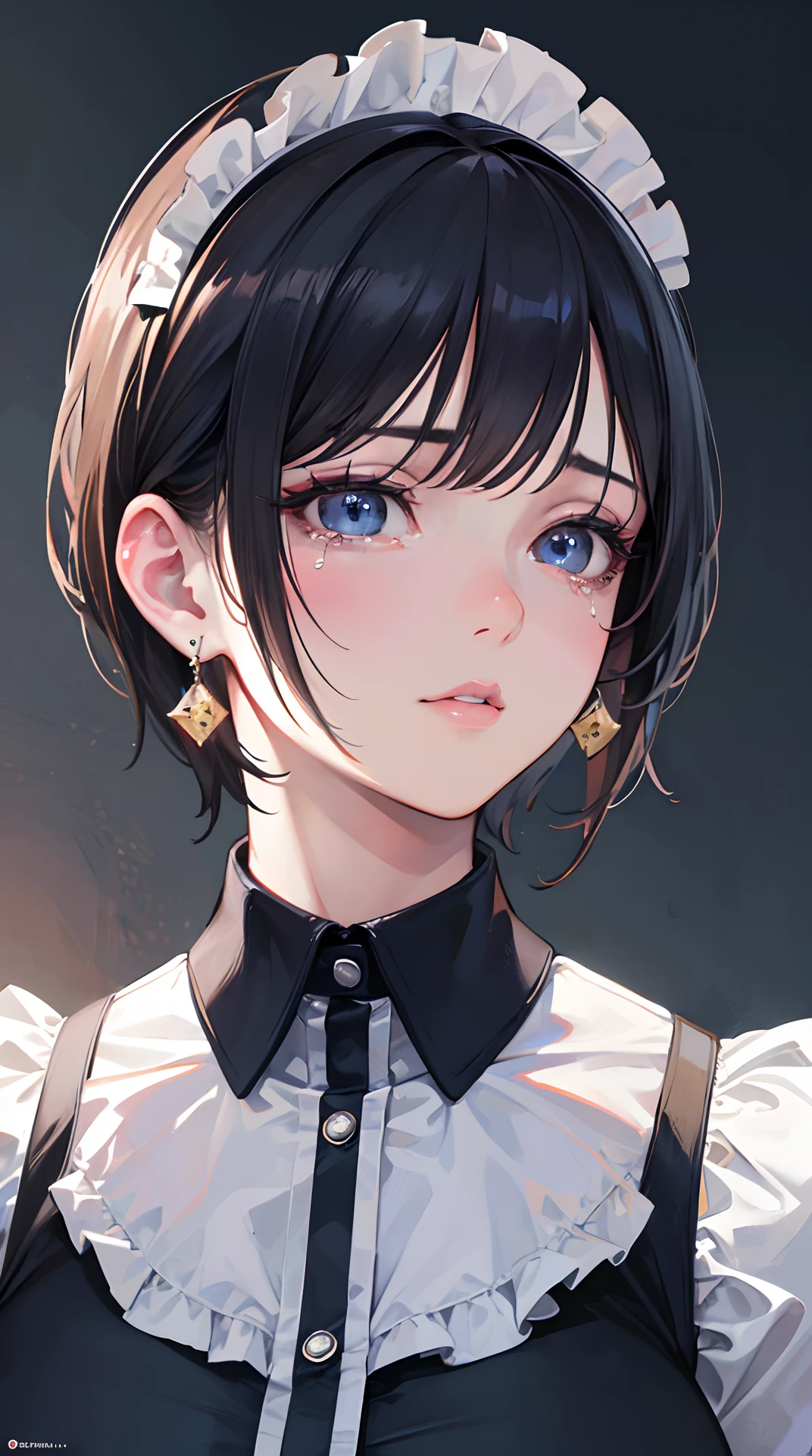 (best quality,4k,8k,highres,masterpiece:1.2),ultra-detailed,(realistic,photorealistic,photo-realistic:1.37),beautiful expressive eyes,long eyelashes,beautiful detailed lips,detailed hair and face,(She looks as if she is about to cry.),clean and flawless skin,(Very large breasts, big tits, oversized tits),Short hair,(Earrings, maid uniform),