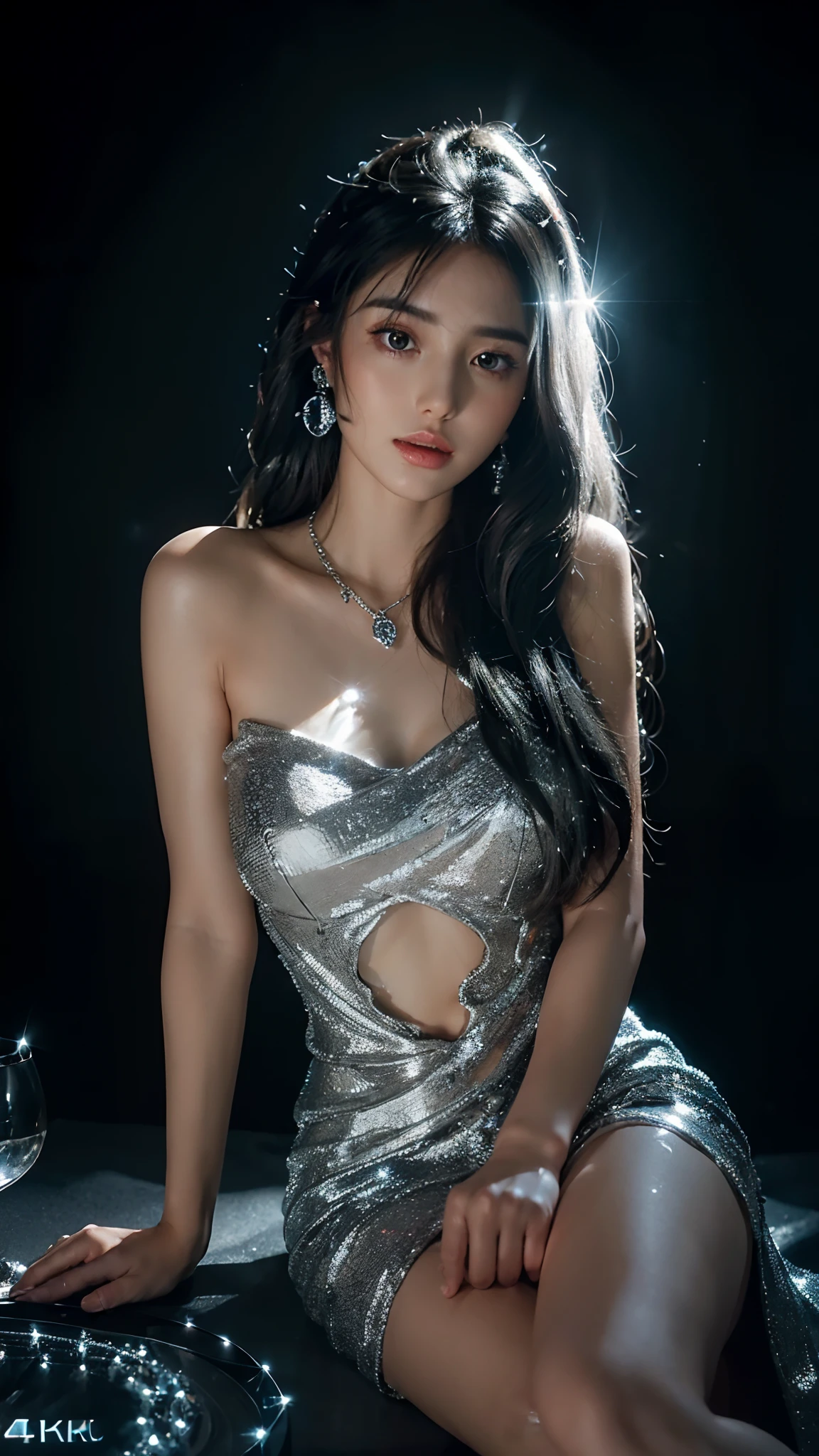 (4K:2.0), (ultra hd), Masterpiece, ((1girl)), beautiful face, (glowing face:1.5), detailed eyes, (ultra long flowing hair:1.5), (black and silver mixed hair color:1.2), crystal hair ornaments, earrings, necklace, (very beautiful:1.5), silver dress, ((glowing dress:1.5)), bare stomach, glowing lace:1.2 shining dress:1.2, magic ball glowing, jewellery, (soft light:1.5), (spreading lights:1.5), beautiful bright glowing, low lighting, dark room, dark background, (complex shadow:1.2), sitting on the crystal table, looking at viewers,