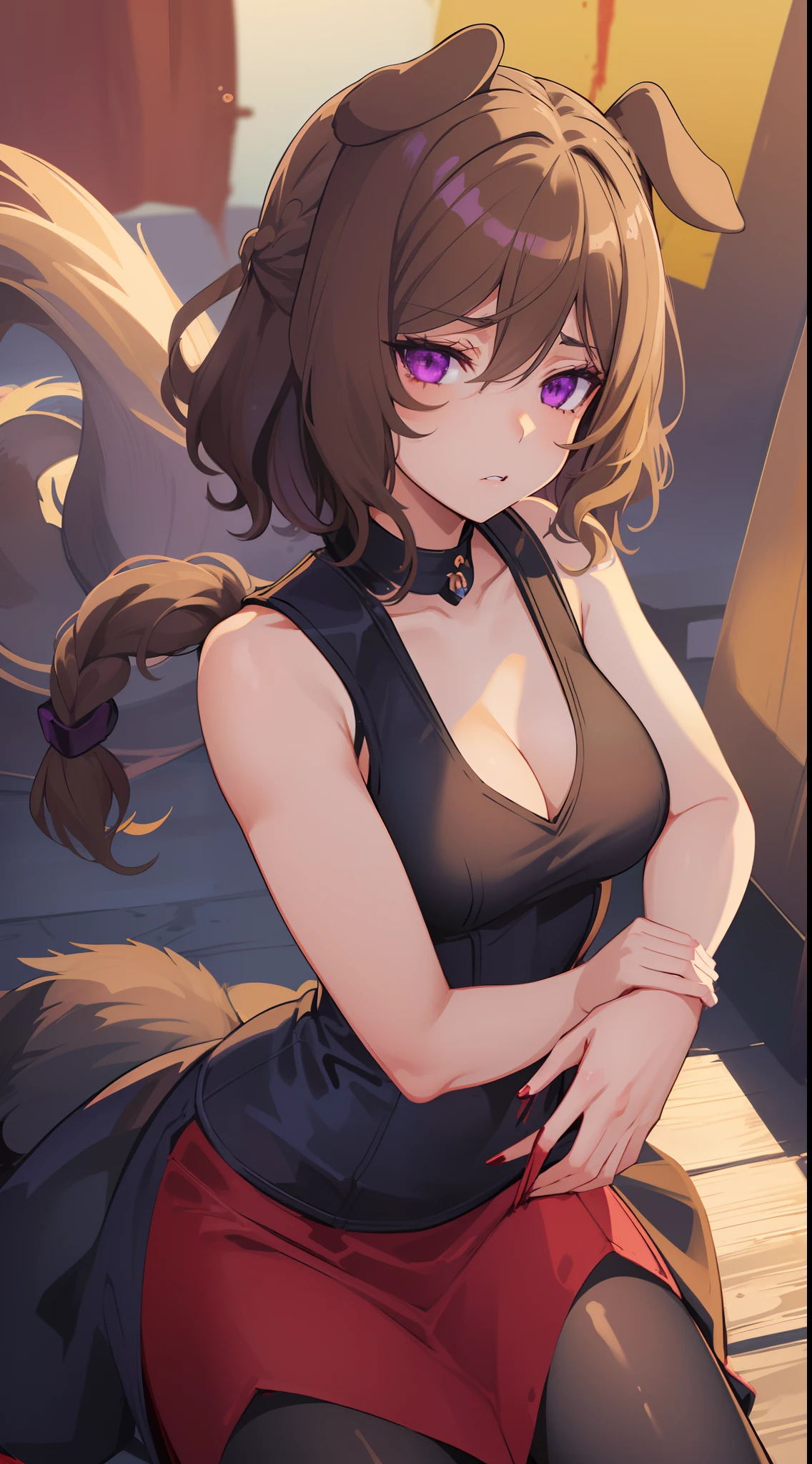 1girl, solo, ((masterpiece)), ((best quality)), extremely detailed face, perfect lighting, nice hands, perfect hands, naaza erisuis, hair between eyes, dog ears, dog tail, dog girl, brown hair, short hair, braid curly hair, purple eyes, sleeveless, ((elegant clothes, mistress, evil, cruel, blood)), (cropped tank top).