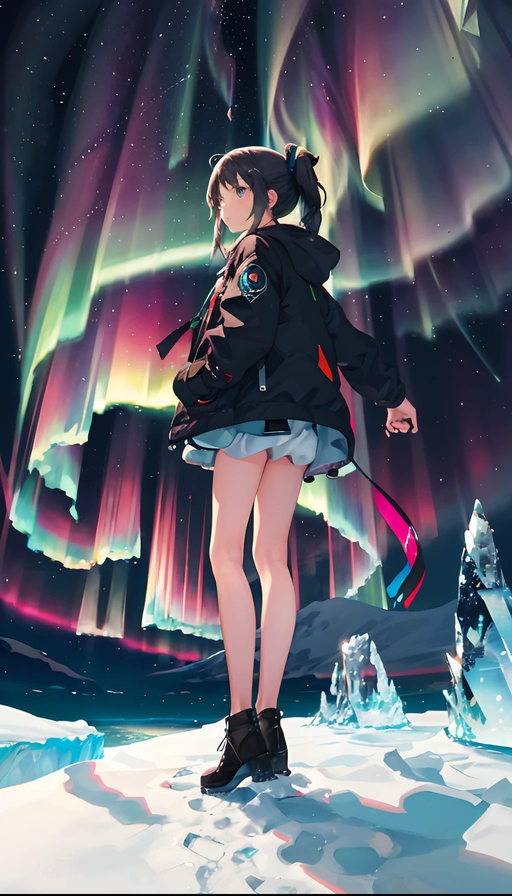 The girl standing on the top of the iceberg looks at the aurora in the distance