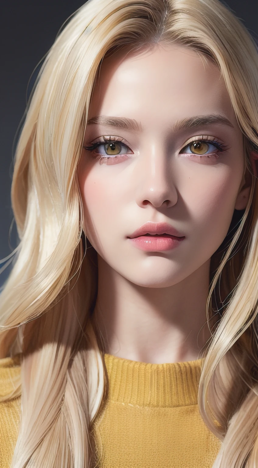 (masterpiece:1.3), (8k, photorealistic, RAW photo, best quality: 1.4), (1girl), beautiful face, (realistic face), (long blonde hair), beautiful hairstyle, realistic eyes, beautiful detailed eyes (yellow eyes), (realistic skin), beautiful skin, (sweater), absurdres, attractive, ultra high res, ultra realistic, highly detailed, golden ratio