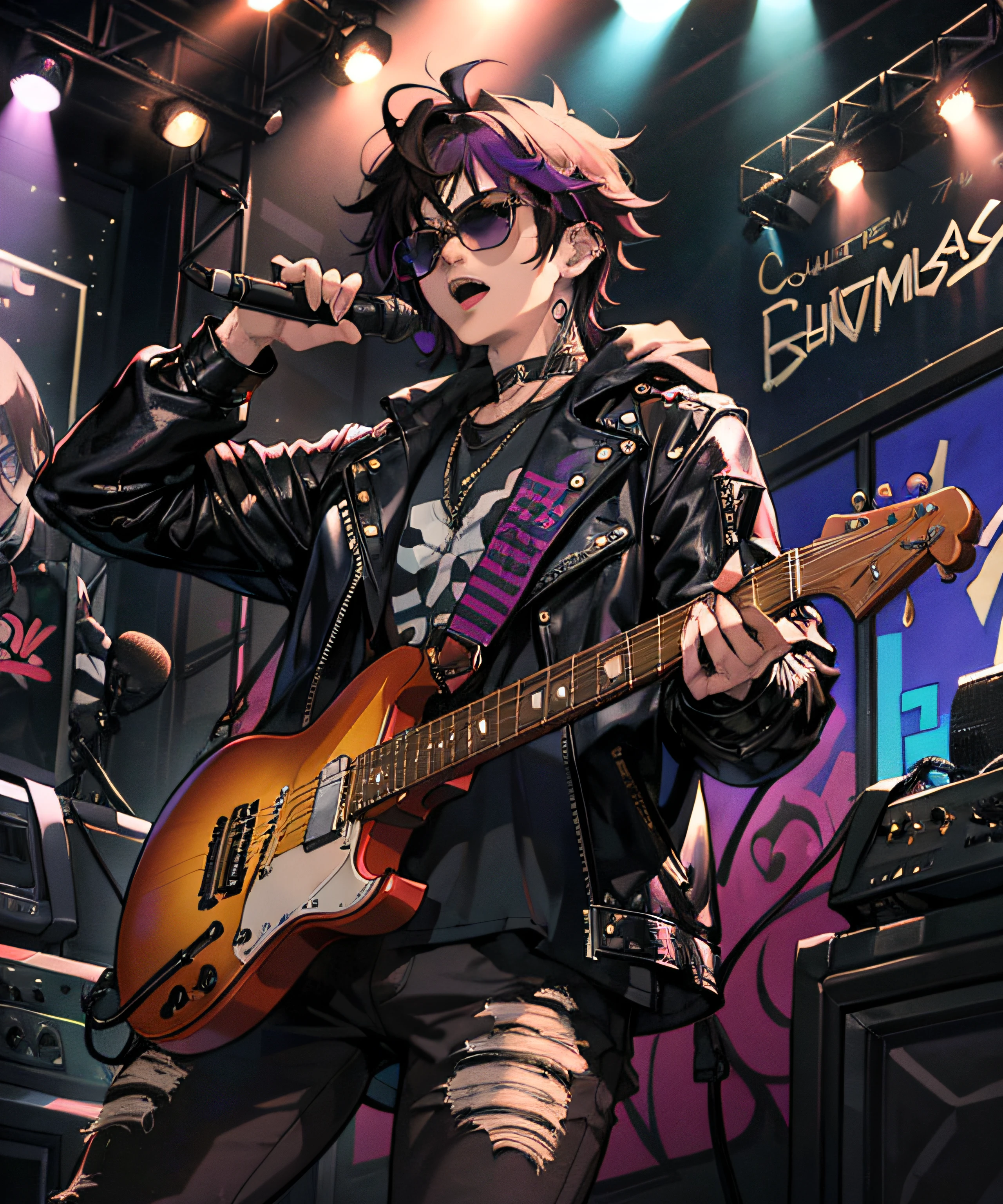 1boys, cool guy,Masterpiece, Best quality, 1male people, Leather tops, ripped jeans, The upper part of the body, microphones, holding microphone, spotlight, sunglasses,punky style,Rock music,guitar,male people