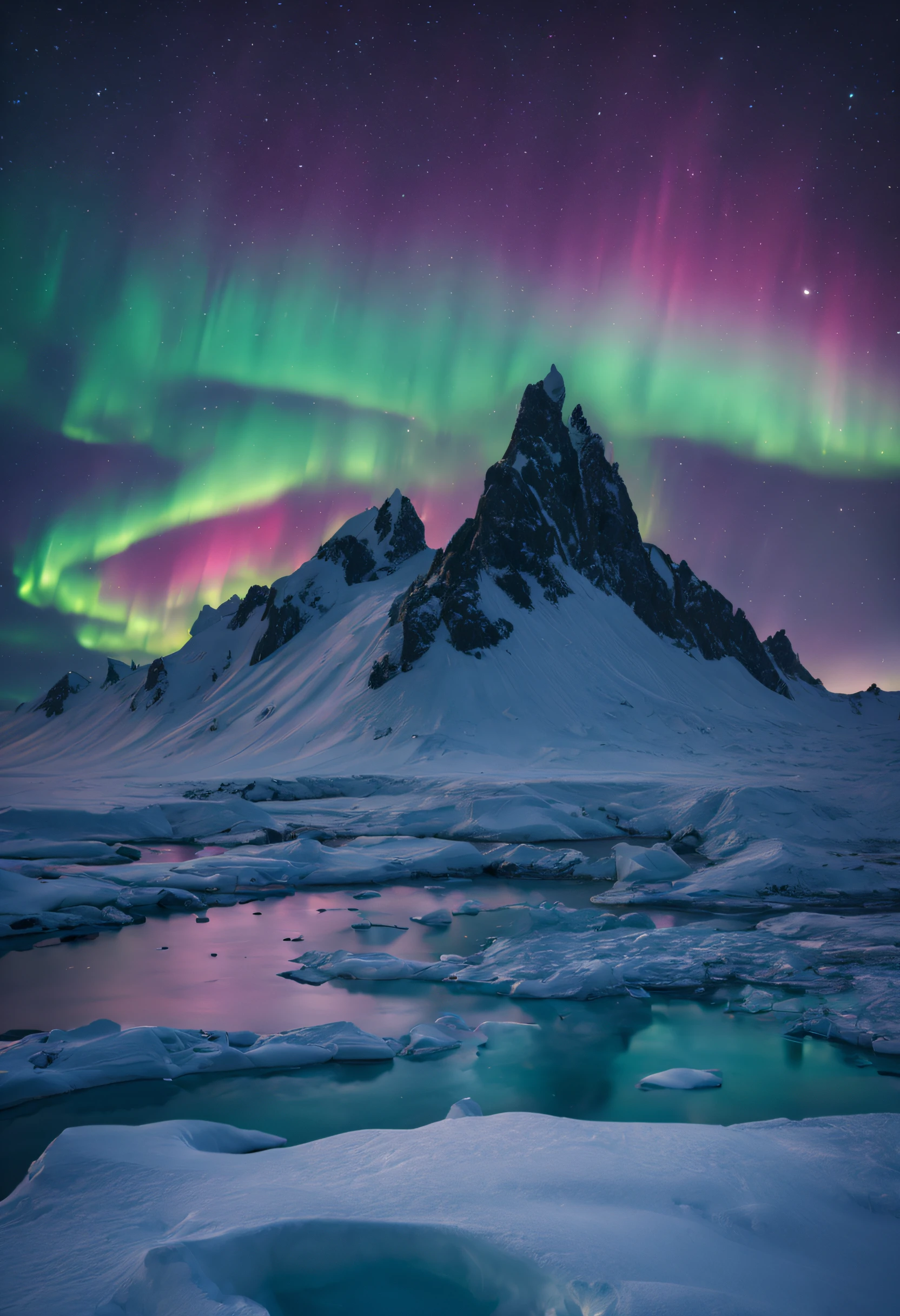 A mystical and otherworldly scene in Greenland, with the northern lights dancing in the sky above a frozen tundra, creating a stunning display of colors and shapes.