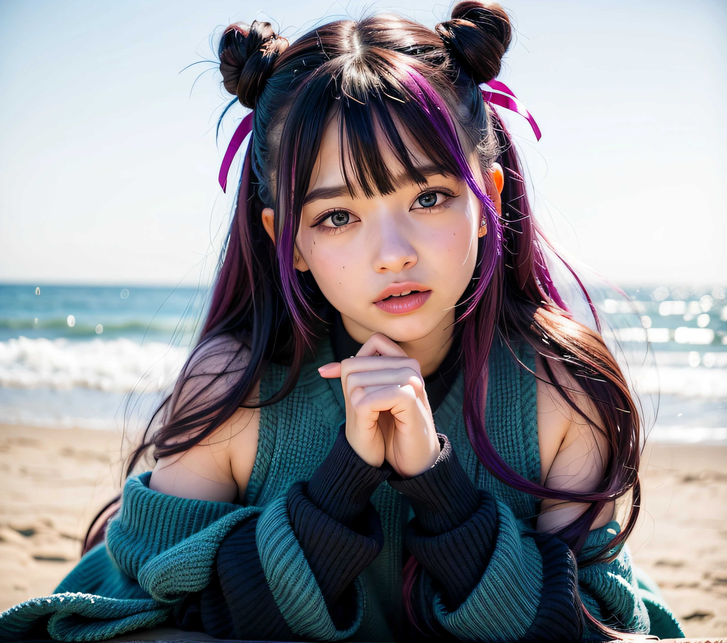 1 girl, purple pink hair, 2 buns, blue eyes, full colored hair