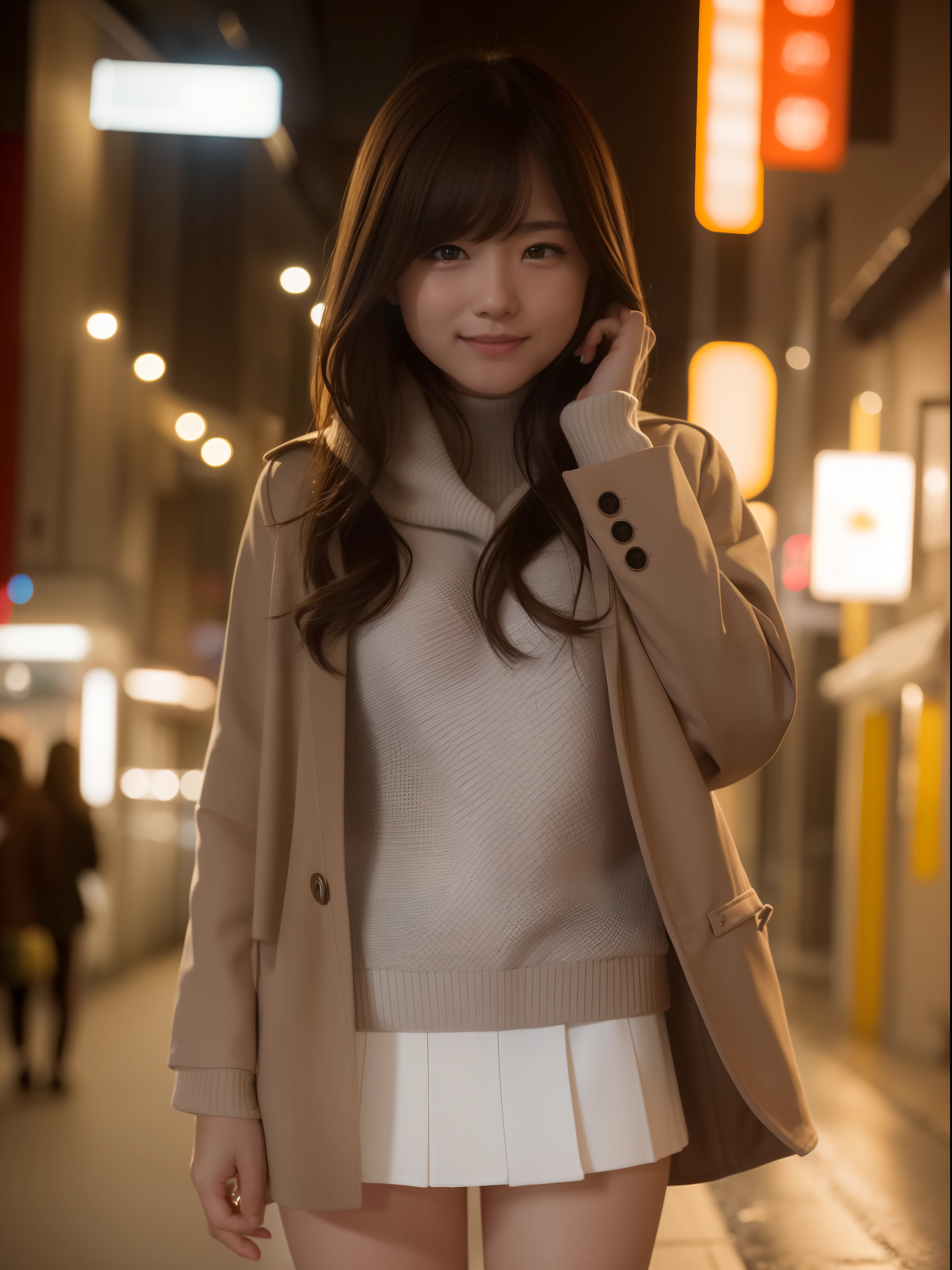 top-quality、​masterpiece、1 girl in、Blonde hairer、Black eye、a miniskirt、on tokyo street、A city scape、The upper part of the body、a closeup、A smile、、(8K、Raw photography、top-quality、​masterpiece:1.2)、(realisitic、photoRealstic:1.37)、Highly detailed eyelash drawing、(((Top image quality))),small tit、Fine skin, (Beautiful hair), top-quality、hight resolution、Happy smile、Happy smile、Standing、a miniskirt、Autumn outfit、nightcity、Autumn outfit、Best Quality,masutepiece,hight resolution,Beautiful eyes,Detailed background,[Backlighting],(Face lighting),[Close View:0.8],(8K、Raw photography、top-quality、​masterpiece:1.2)、(realisitic、Photorealsitic:1.37)、ultra-detailliert、profetional lighting、Sony A7R4、Zessie 50mm f1.8、Rembrandt lighting（Rembrandt lighting）、Autumn outfit、Colorful jumper、with spreading legs、pony tail hairstyle、Winter clothes、snowflakes falling、Please wear a hooded coat、Orange sunset、burst into laughter、Office Lady Uniform