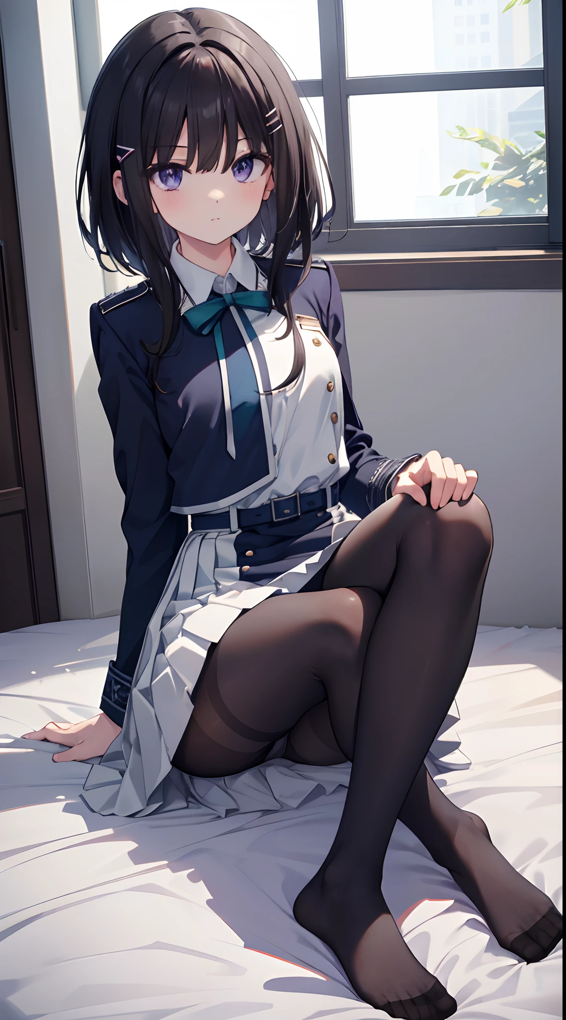 Takiinoue, Inoue Takina, Long hair, Bangs, Black hair, (Purple eyes:1.2), BREAK shirt, Long sleeves, Dress, bow ribbon, School uniform, White shirt, Collared shirt, Belt bag, Neck ribbon, Blue Dress, Green Ribbon, pleated dress, grey dress, Two-tone dresses, Blue belt, Lycoris Uniform, Best Quality, High resolution, Unity 8k壁纸, (Illustration:0.8), (Beautiful detailed eyes:1.6), extra detailed face, Perfect Lighting, extremely details CG, (Perfect hands, Perfect Anatomy),Full body from head to leg、full bodyesbian、Thin leg、small tits、sitting down on the floor、Put on the floor、laying on back、opening legs、Inter-strands、Facing the front、Composition from below、M-shaped legs、Panchira、Inner thigh-sitting、Sitting on the floor with bent knees and legs open、Front-facing、Lower body facing forward、in 8K, top-quality, Real Image, intricate detailes, The ultra-detailliert, 超A high resolution, Depth Field,(Photorealsitic,realisitic:1.2),masterpiece, 0.25 :: a closeup , straight-on shot , from miiddle , 1girl in, AI_chan, an extremely beautiful -yeld gi Full body from head to leg, full bodyesbian, small tits、Face to feel、Innocent big eyes, (brown_Short_hair), (Green_Eyes:1.0),(bangss),dishevled hair,(hair clips), sexypose、Bewitching、Mass sweat、soaked body、Pure white lingerie perfect shiny skin, flawless skin, fair white skin, tiny chest, narrow waists, thin blush, 独奏, looking at the viewers, lightsmile, The Perfect Five Fingers, Small toes、perspiring、 Wear((School_uniform)、(white_Skirt)、(Blue_long_tie)、(Blue_pleats_Skirt)、(Black_pantyhose:1.2)、 knee high、Stockings、Pure white panties、Black_Wearing white panties inside stockings、Wearing white panties inside black transparent stockings、Wearing white panties inside black stockings、Wearing white panties inside black pantyhose、Wearing white panties inside black lace pantyhose、Wearing white panties inside black lens stockings、Wearing white panties in black light pantyhose、Wearing white panties in black transparent pantyhose、No s