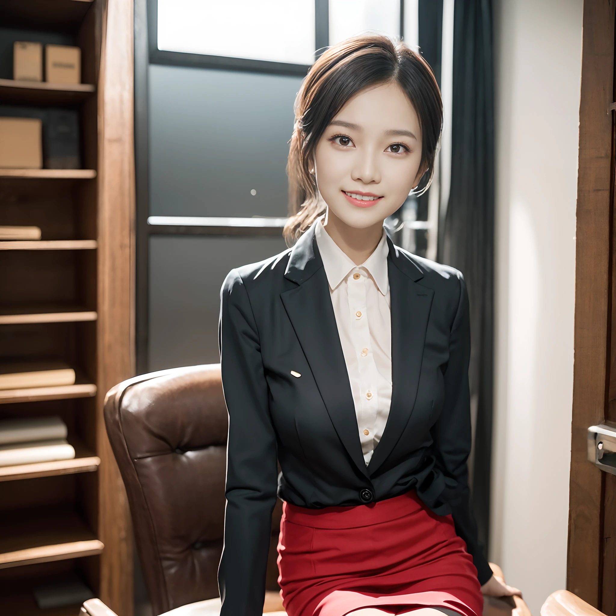 The face is :9,1714884241], Elegant upper-class elite secretary in a business shirt, sit on chair，working in an office、wearing a strict business suit, (Wear pantyhose)、(Short Layer Hair)、Crossed legs, Wear high-end heels、 (thighhighs and skirt), Girl in shirt, dressed in a suit, dressed in a suit, dressed in a suit, Merchant, Business clothes, wearing black suits, Wear a shirt and skirt, Woman in a suit, Business attire, business outfit, RAW photo, (8K、top-quality、tmasterpiece:1.2)、(intricately details:1.4)、(Photorealsitic:1.4)、octane renderings、Complex 3D Rendering Ultra Detail, Studio soft light, rim lights, vibrant detail, super detailing, realistic skin textures, Detal Face, Beautiful detail eyes, Very detailed CG Unity 16k wallpaper, Makeup - makeup, (detailedbackground:1.2), Bare with thighs!!!, mxmai, smile