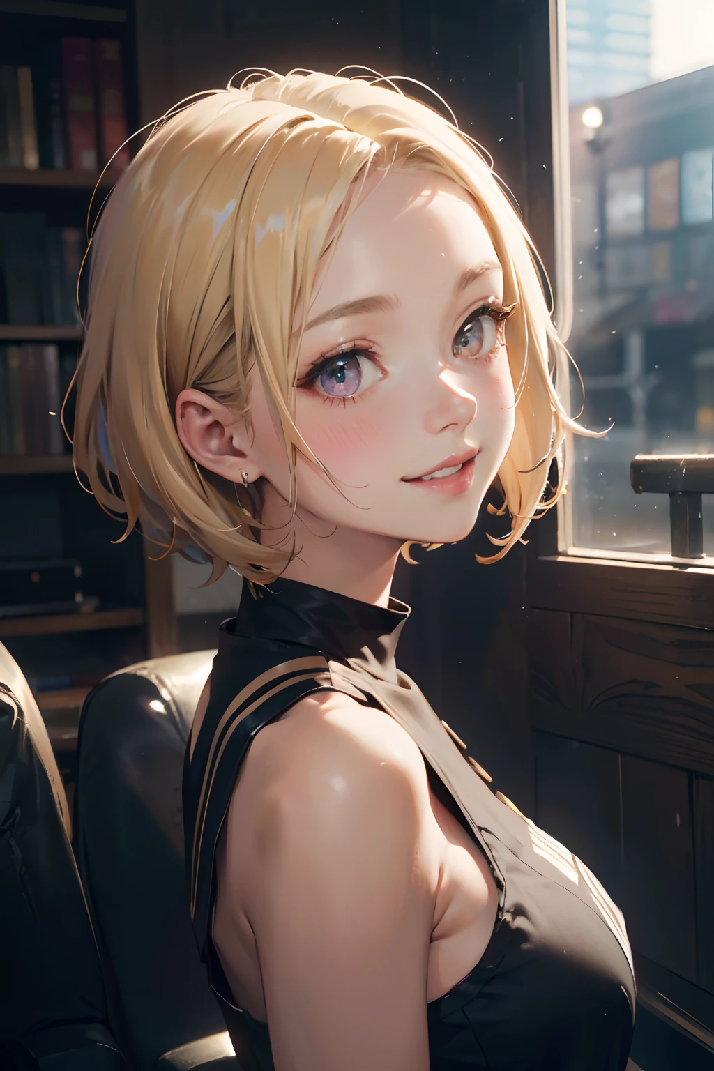 a 20 yo woman、a blond、Big smile、turned around、(hi-top fade:1.3)、dark themed、Muted Tones、Subdued Color、highly contrast、(natural skin textures、Hyper-Realism、Soft light、sharp)