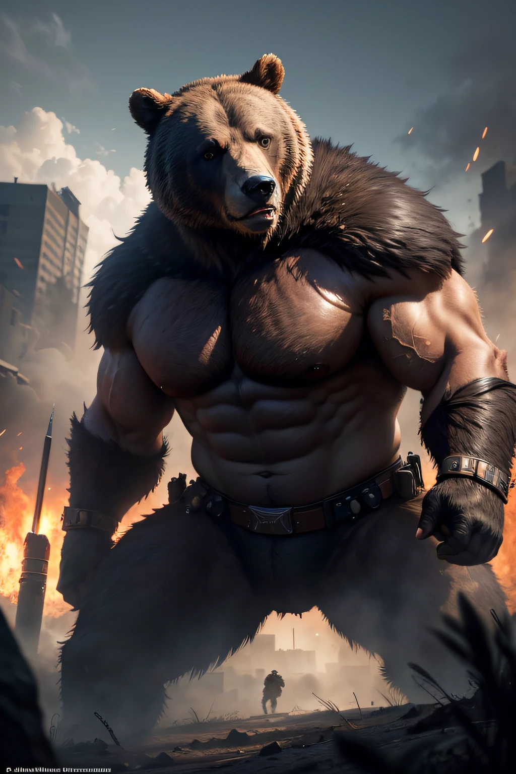 Best Quality, Masterpiece, extra high resolution, (photo-realistic:1.4), RAW photo, Aggressive bear in full height, In the background, the combat zone, around dark, deep shadow, Low key, Cold light, detailed skin