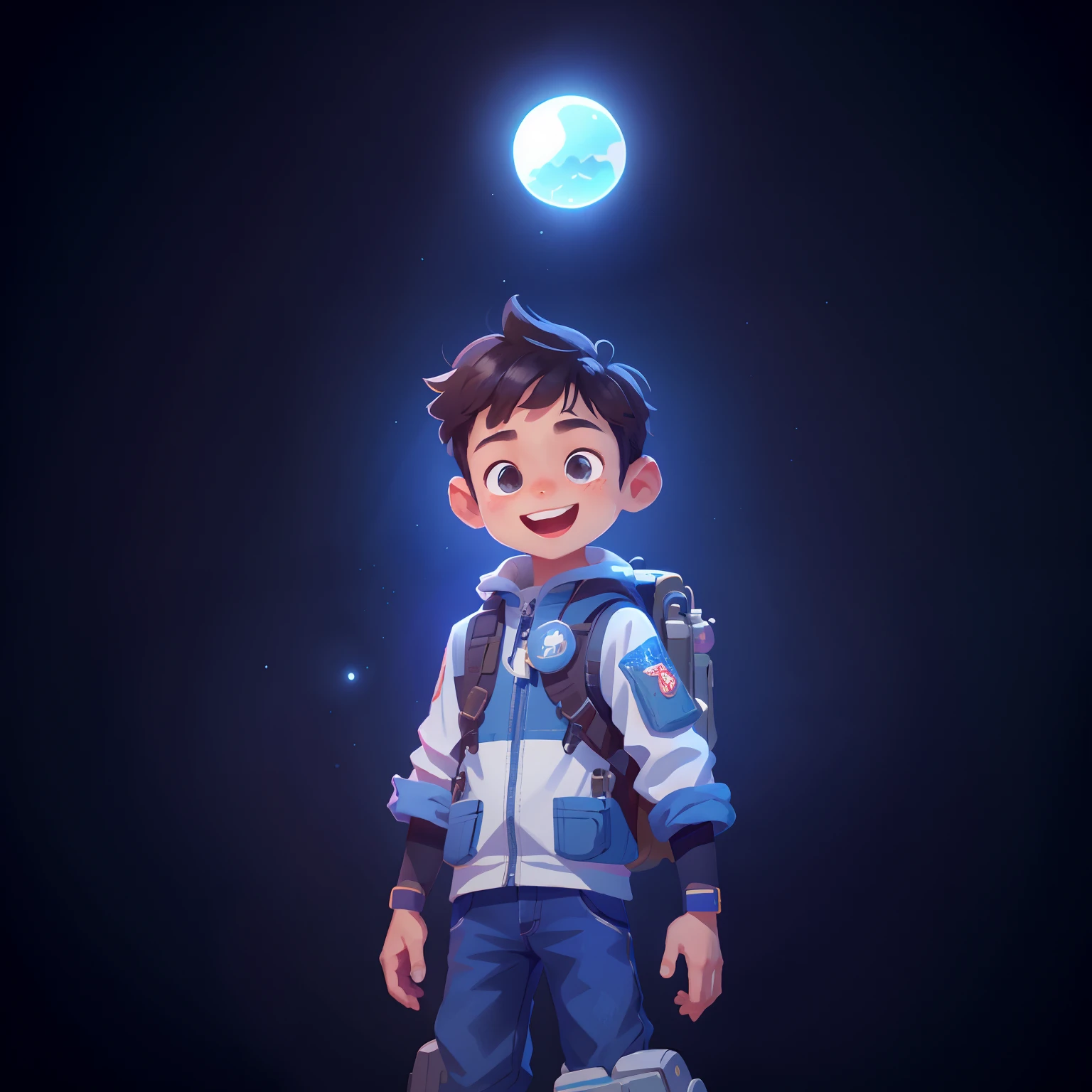 A cute boy around 12 years old,Wear aviation clothing,Happy smile,outerspace,Stand naturally,facing at camera,solid color backdrop,Bubble Mart style,simplistic design,IP image,Premium natural color scheme,Bright and harmonious、Lovely colors、Meticulous character design、behance、Shanghai、Organic sculpture、3D animation style character design、cartoon realistic、Interesting character setting、Ray traching、Children's illustration style