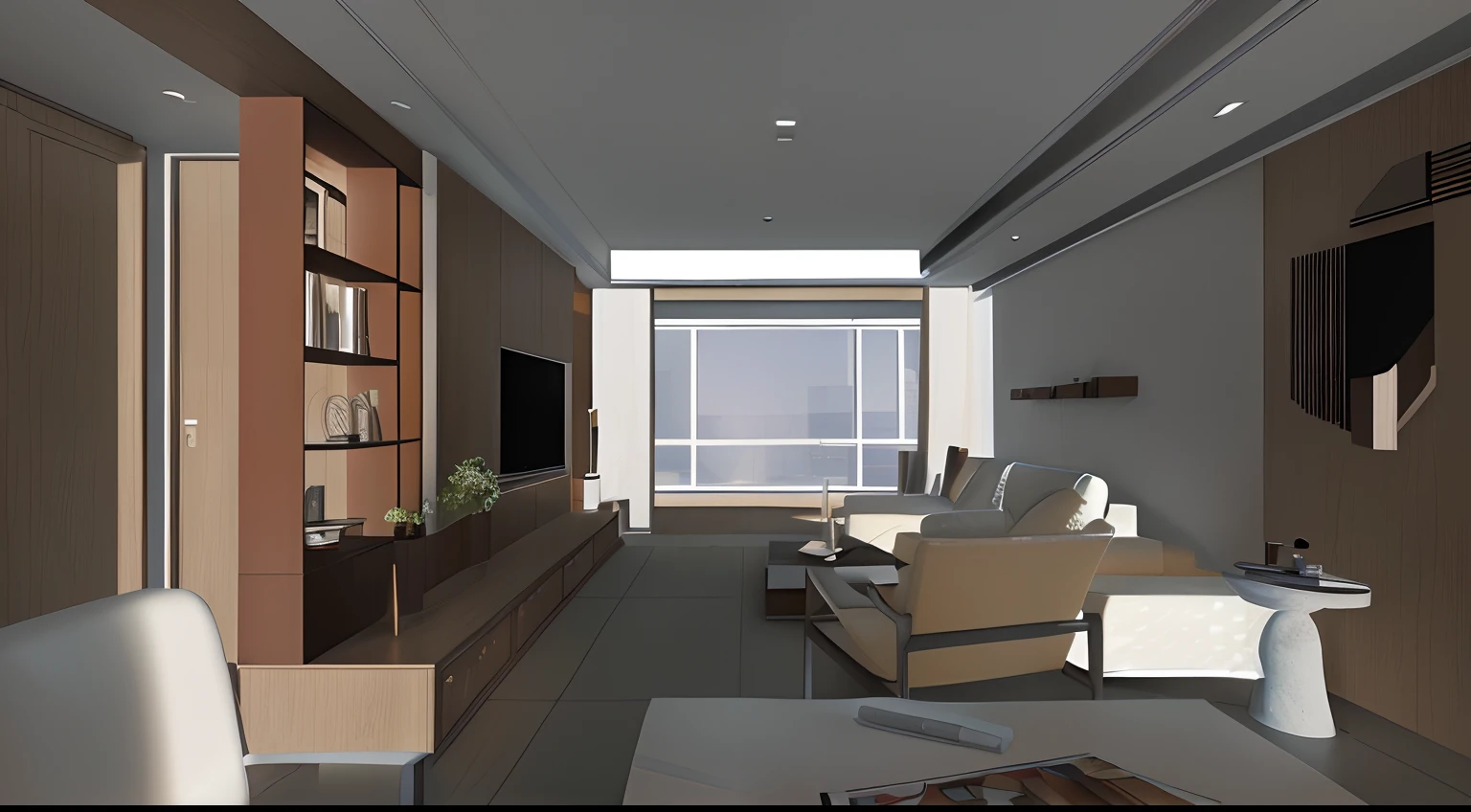 There is a drawing of a living room with a sofa and table, Indoor living room required，To be realistic lighting scenes, interior architecture view, Highly detailed interior, detailed renderings, apartment design, low angle dimetric rendering, living room interior, enscape render, CG rendering, residential design，Sunlight comes in through the windows，Bright warm sunshine，A circle of lights around the top surface，Realistic light and shadow effects