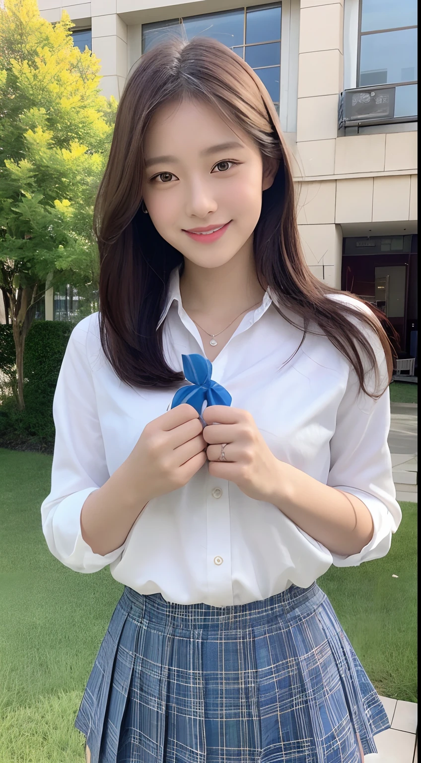 Very detailed 8k wallpaper)、foco nítido、in detail、Drama、Delicate and beautiful schoolgirl、sixteen years old、Sheer white shirt、Quite short skirt、ligh brown hair、hair adornments、Beautiful and sexy、A smile、Peek at the viewer、Beautiful graphics、Bright school building、Full of students、clean legs、crouching down、