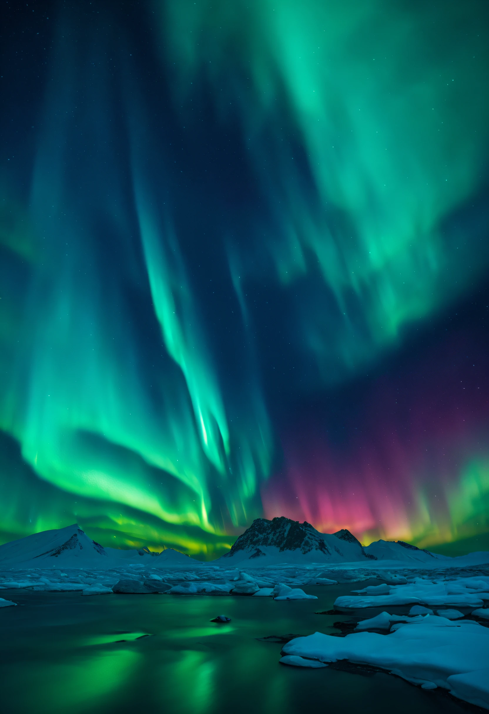 A mystical and otherworldly scene in Greenland, with the northern lights dancing in the sky above a frozen tundra, creating a stunning display of colors and shapes.