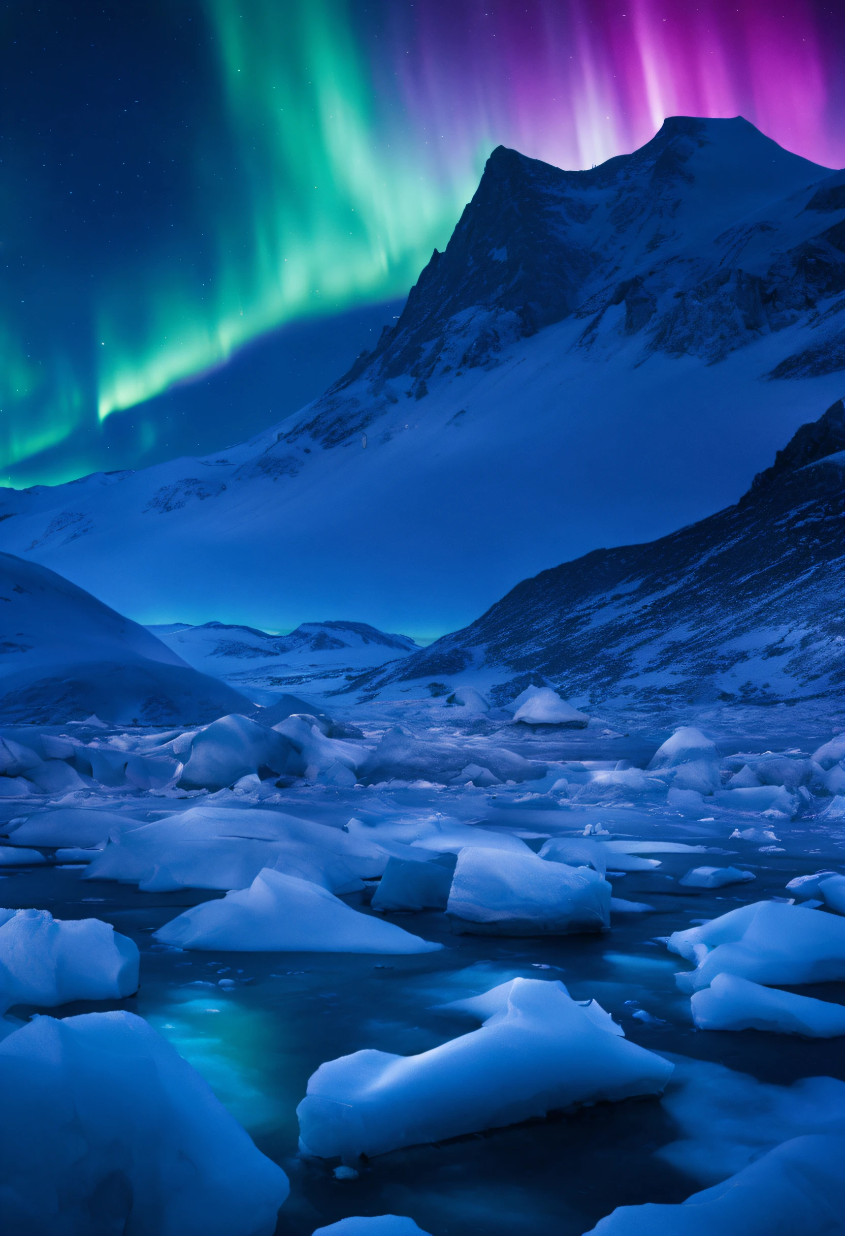 A mystical and otherworldly scene in Greenland, with the northern lights dancing in the sky above a frozen tundra, creating a stunning display of colors and shapes.