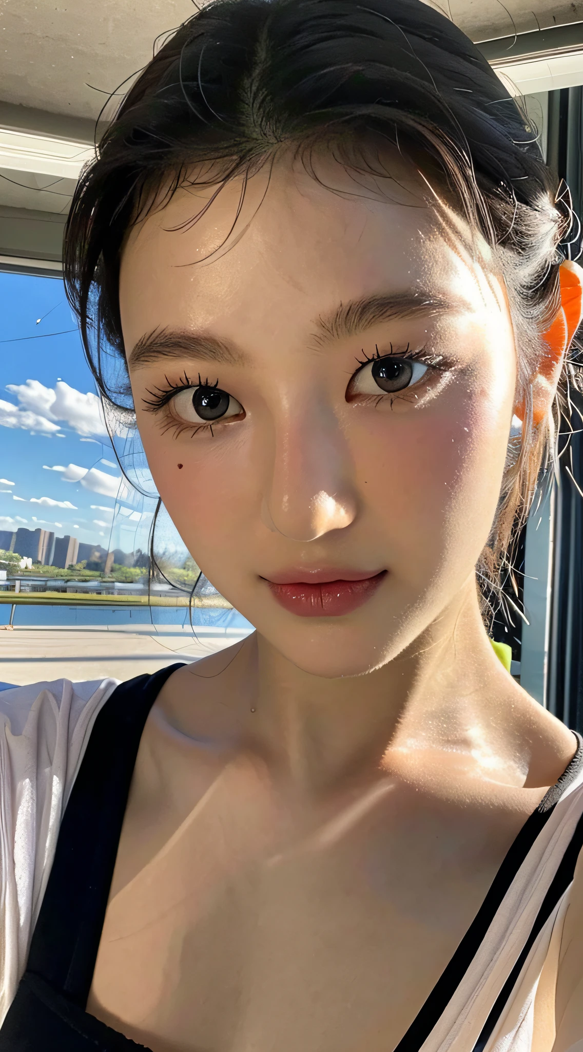Best Quality, Masterpiece, Ultra High Resolution, (Realistic: 1.4), Original Photo, Wallpaper, Head Photo, Skin, Simple Background, Black Eyes, Detail, Selfie, 1 Girl, 18 Years Old, Breeze, Sunshine, Classroom, Question,