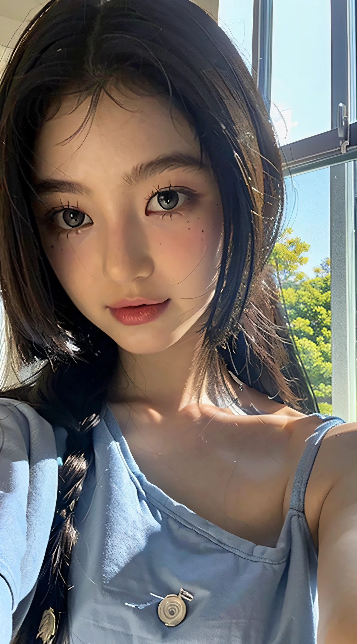 Best Quality, Masterpiece, Ultra High Resolution, (Realistic: 1.4), Original Photo, Wallpaper, Head Photo, Skin, Simple Background, Black Eyes, Detail, Selfie, 1 Girl, 18 Years Old, Breeze, Sunshine, Classroom, Question,