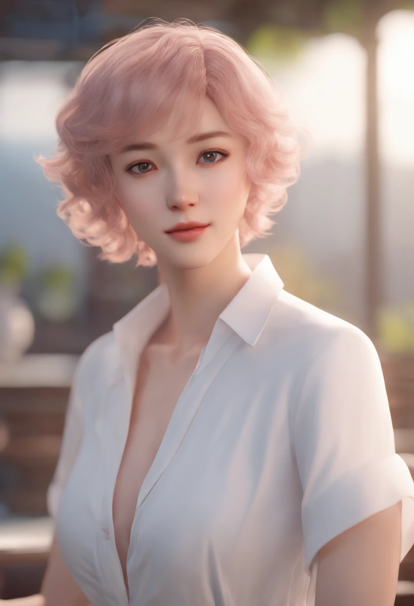 Close-up of a man in a white shirt and blue dress, inspired by Sim Sa-jeong, render of april, realistic dress, from 8 k matte, jia, with short hair, render of a cute 3d anime girl, casual white garment, pink short hair, wearing white clothes, white hime cut hairstyle